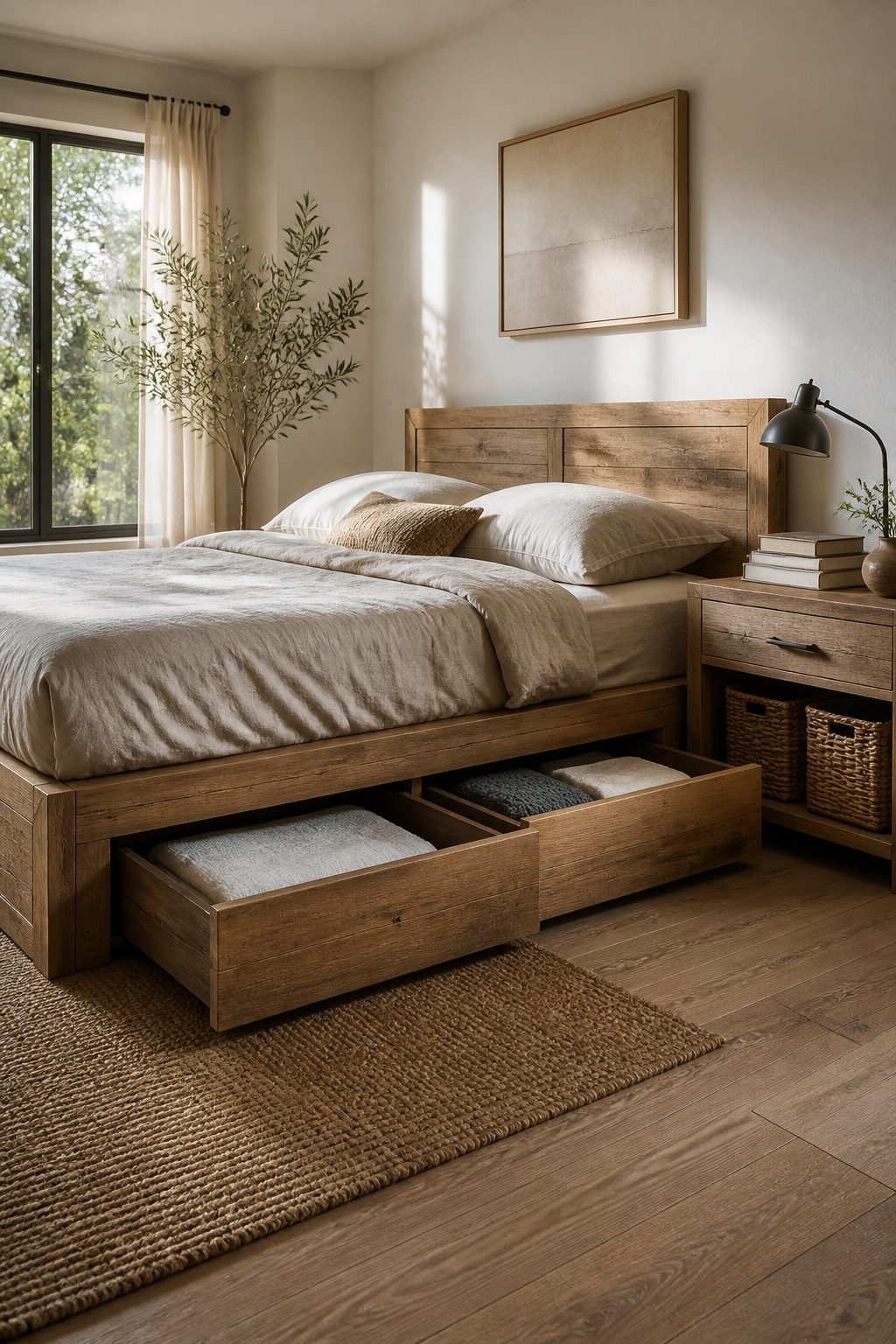 A storage bed frame made of reclaimed oak with built-in drawers.