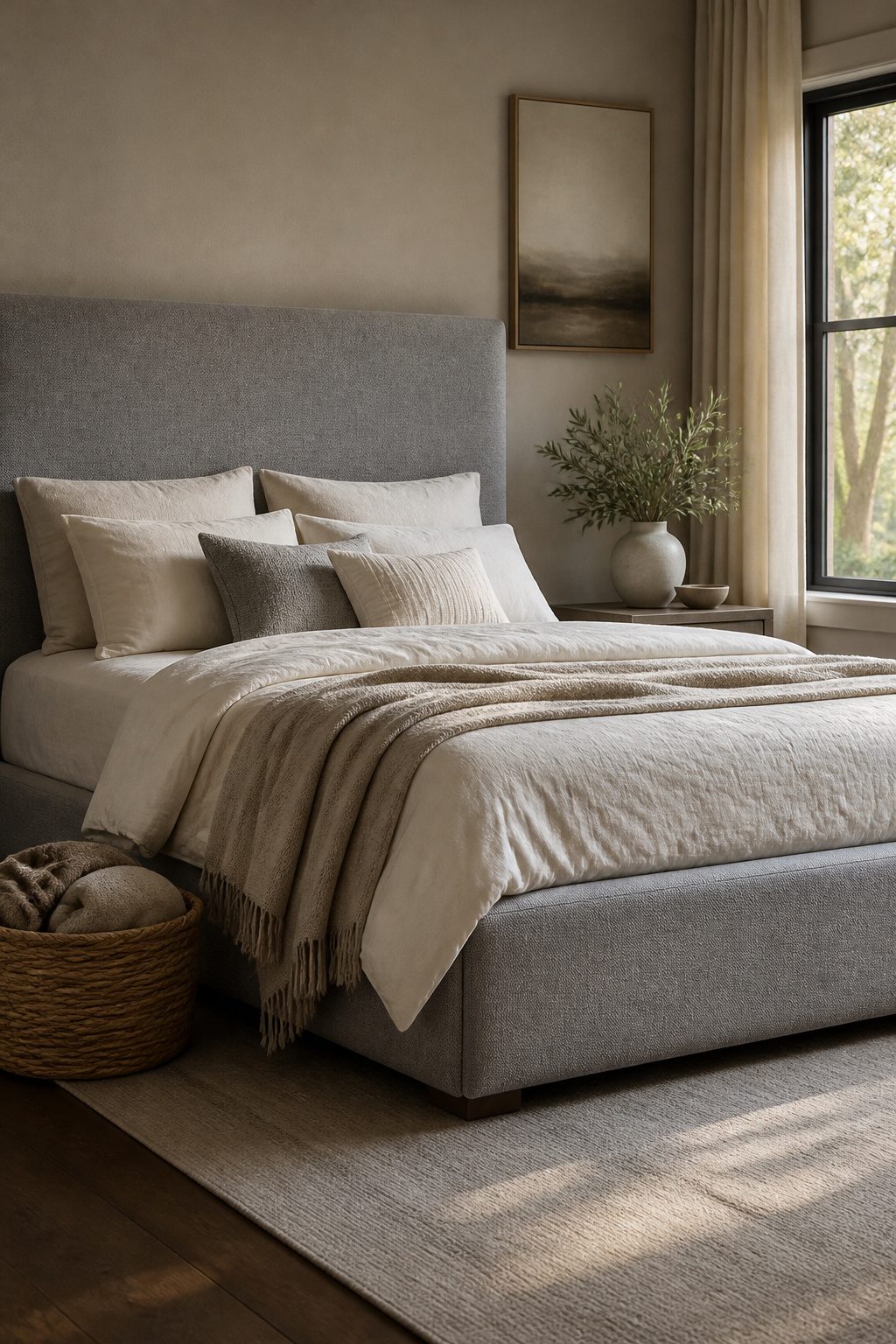 A plush upholstered bed frame with a soft gray fabric.