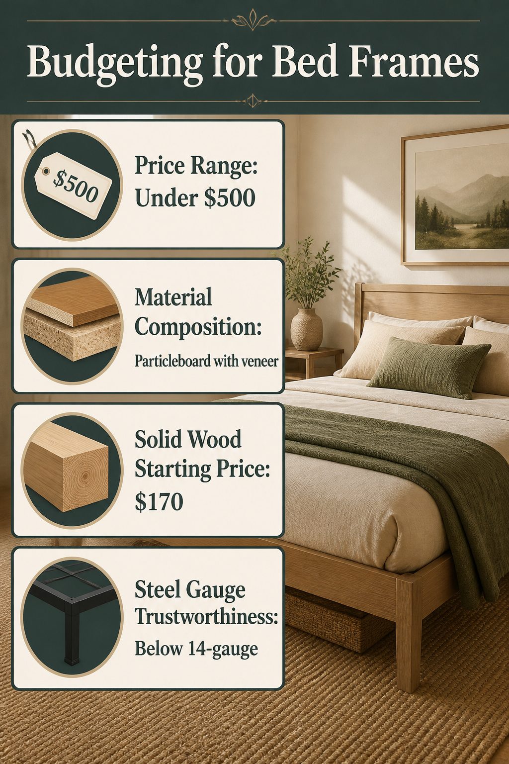 An infographic detailing costs and materials for bed frames.
