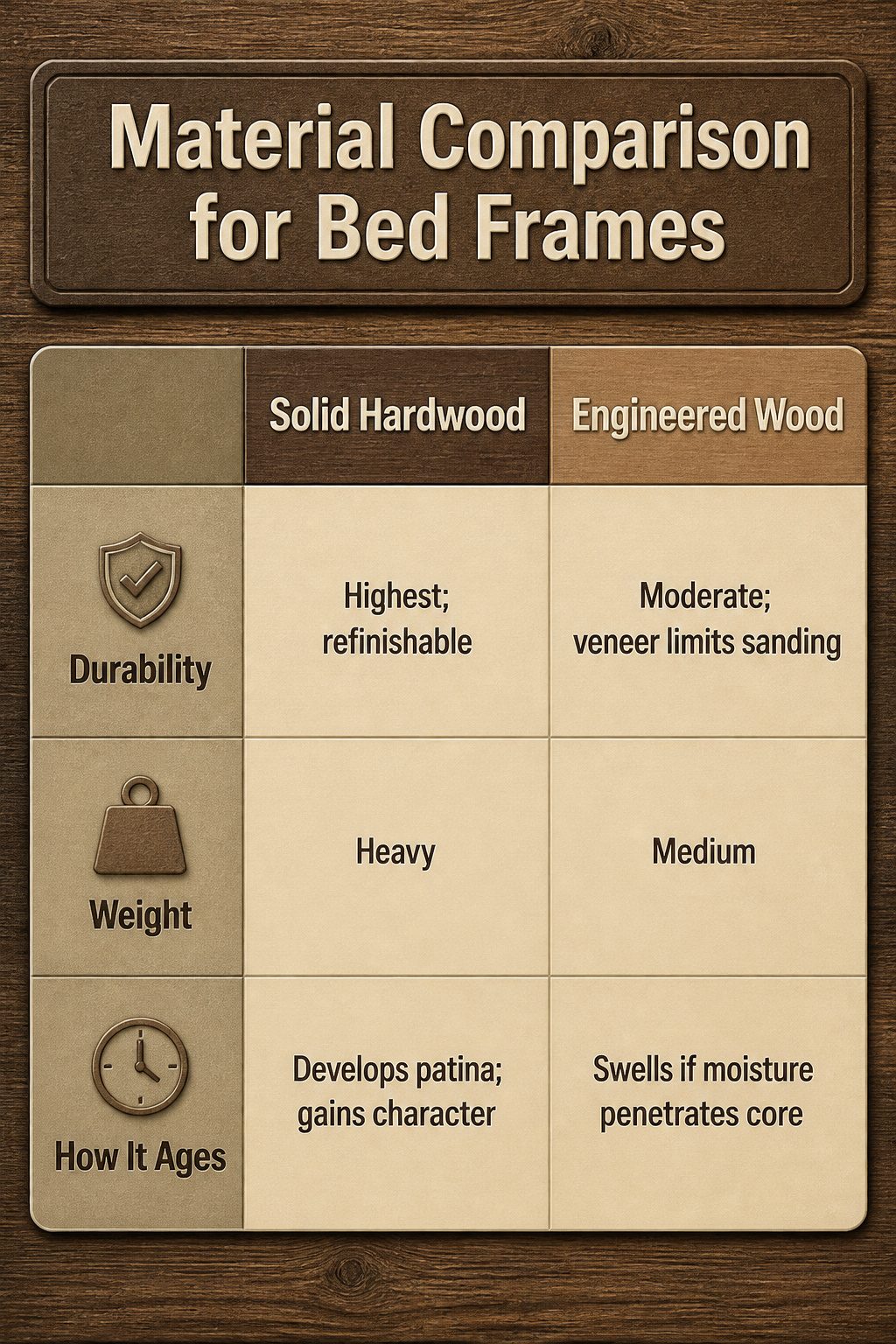 A chart comparing bed frame materials like hardwood and metal.