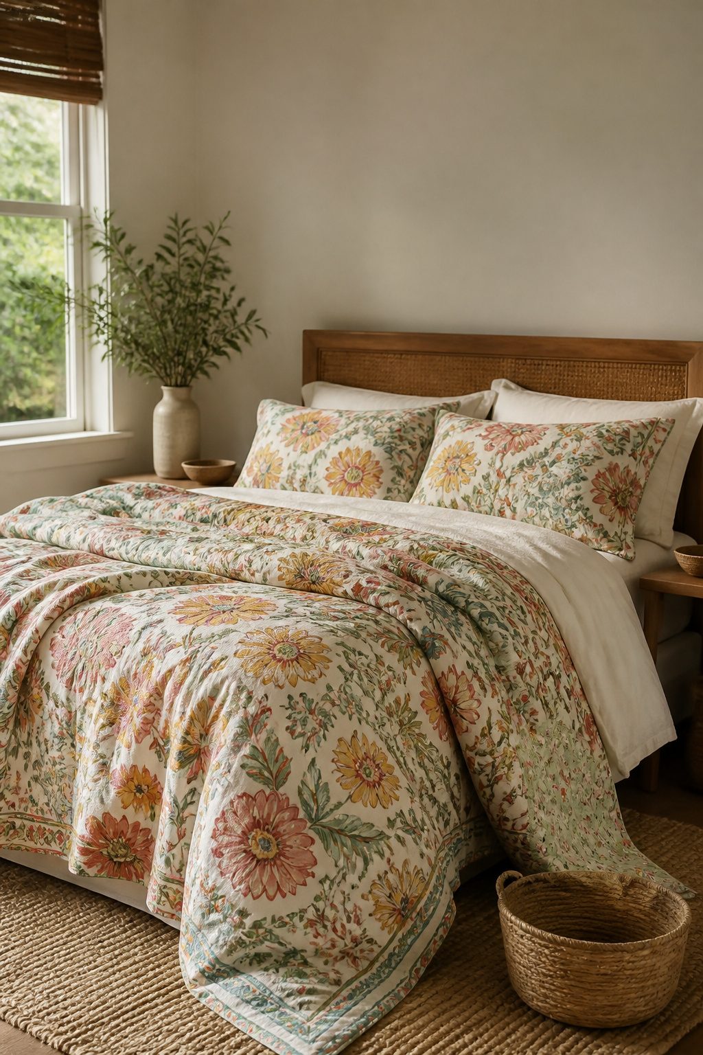A bed dressed in floral bedding and crisp cotton sheets.