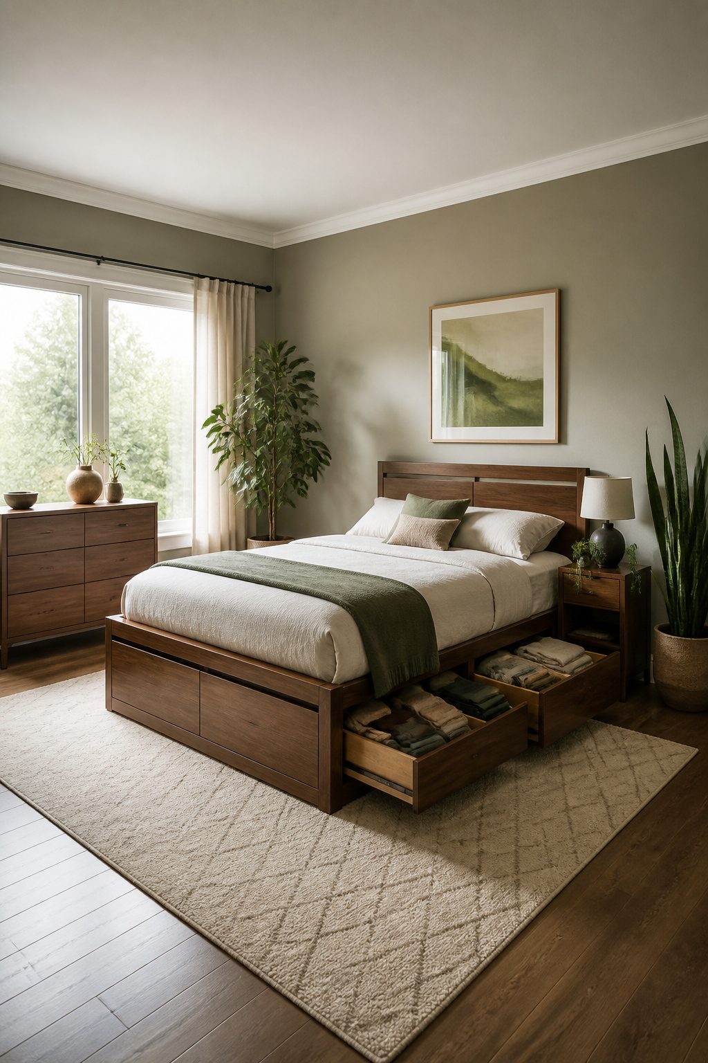 A bed frame with built-in drawers for efficient storage.