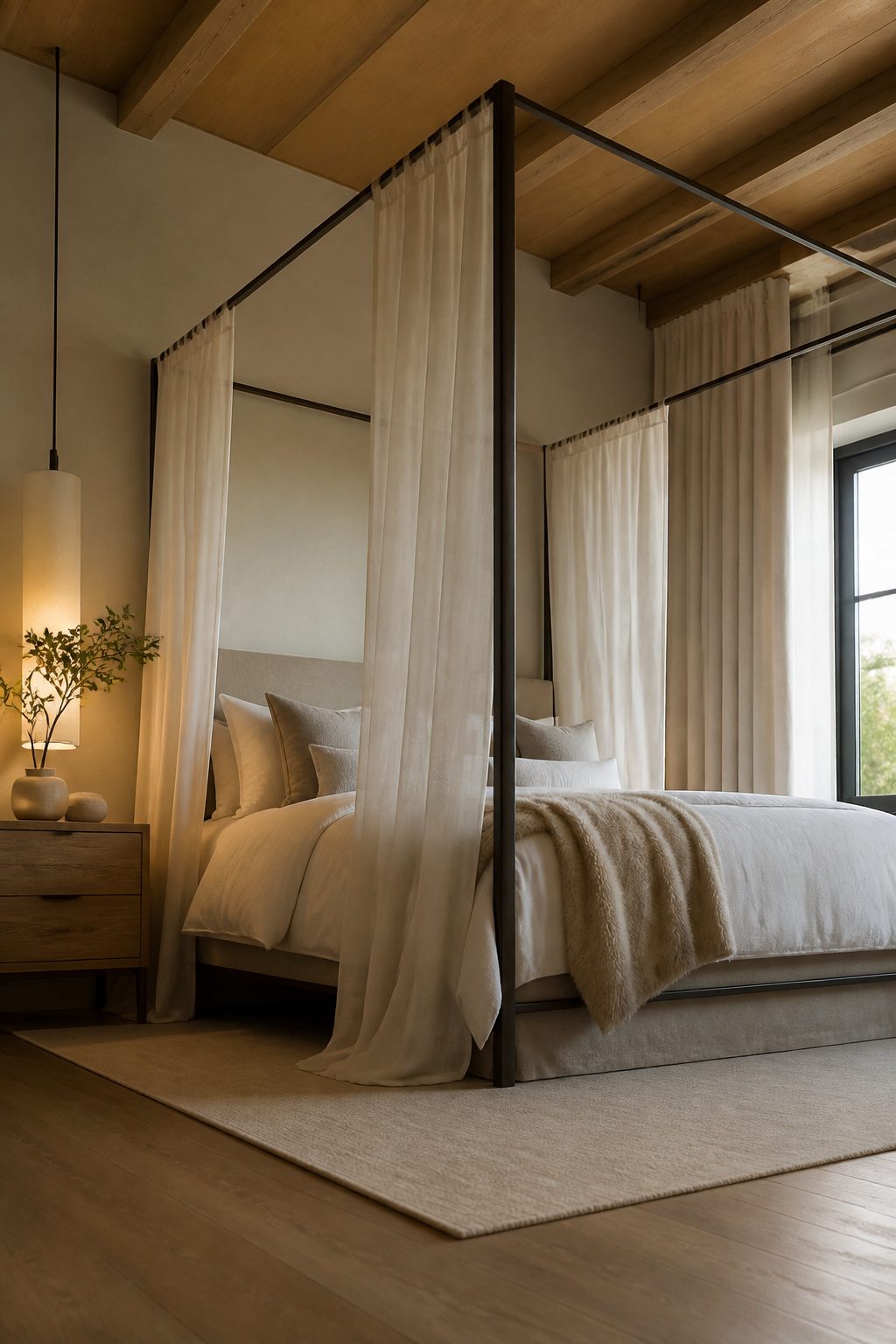 A canopy bed with ceiling-mounted fabric creating a room-within-a-room effect.