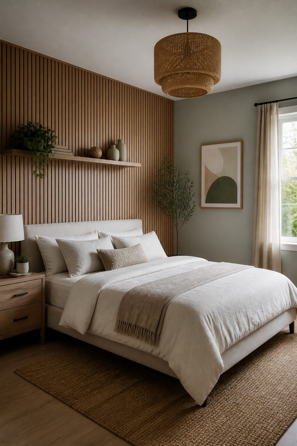 A wood paneled feature wall behind a bed in a bedroom.