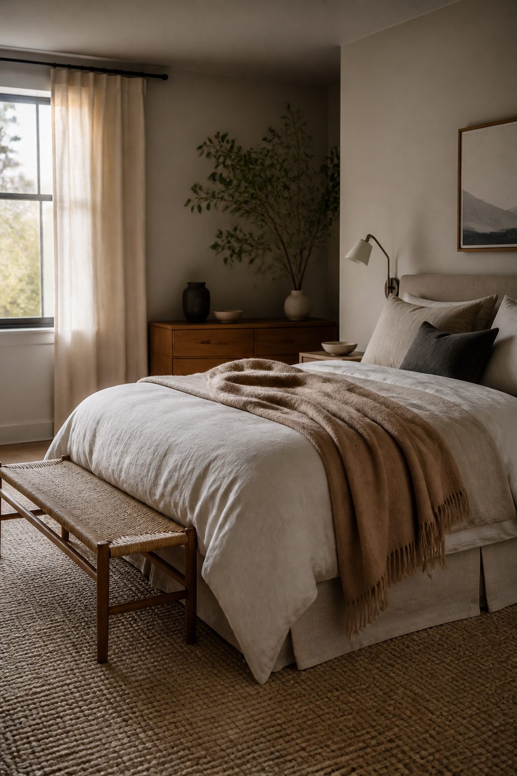 A bedroom with a wool carpet, linen duvet, and cashmere throw.