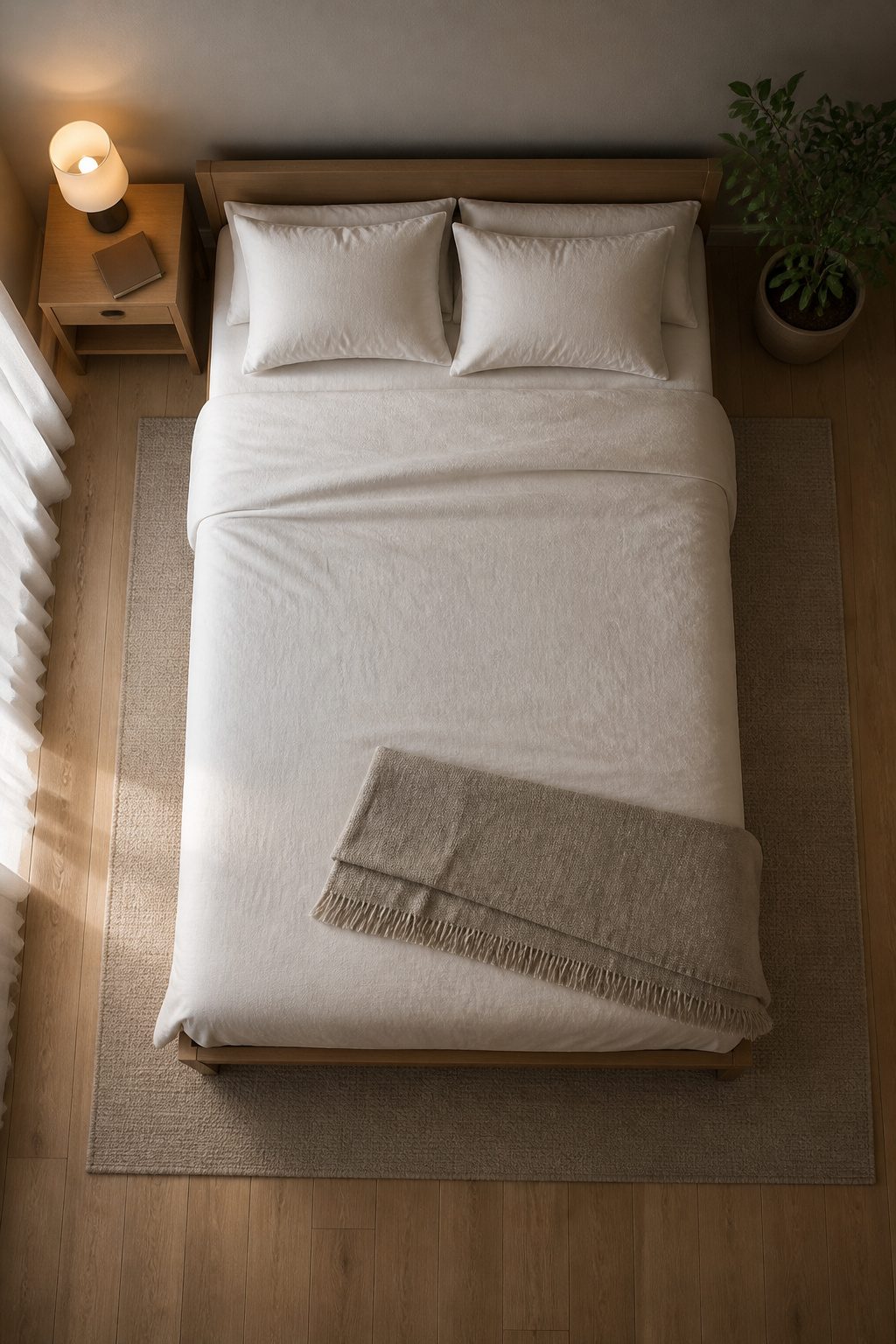 A minimalist bedroom with cleared surfaces and simple decor.