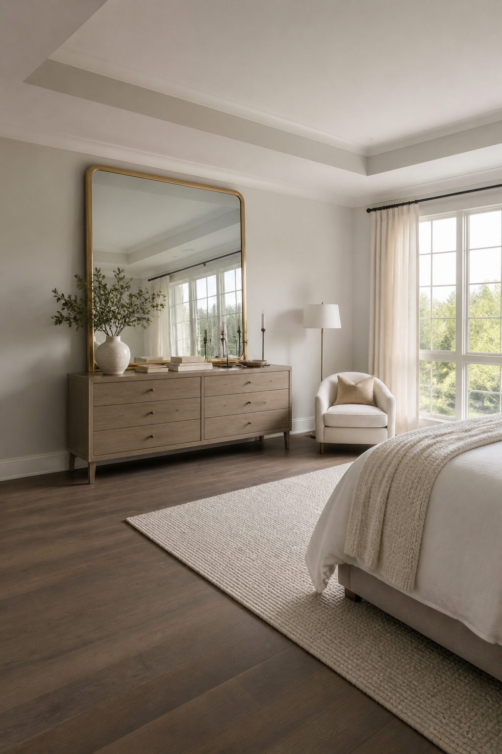 A large mirror positioned to reflect light in a bedroom.