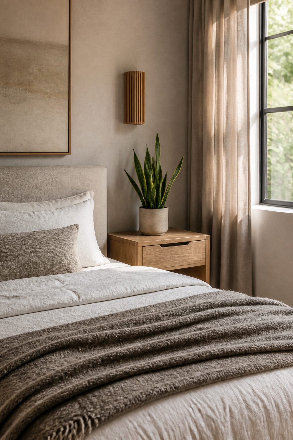 A bedside table with a snake plant and textured linens.