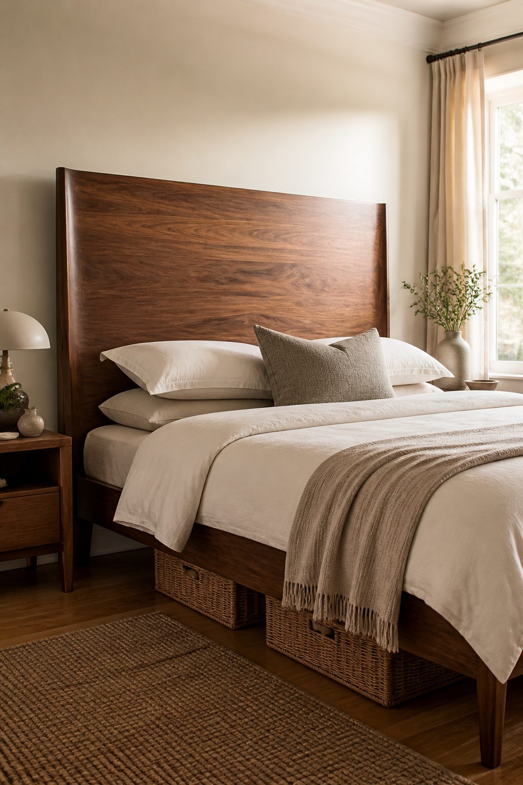 A wooden headboard reaches 48 inches, enhancing the room's architecture.