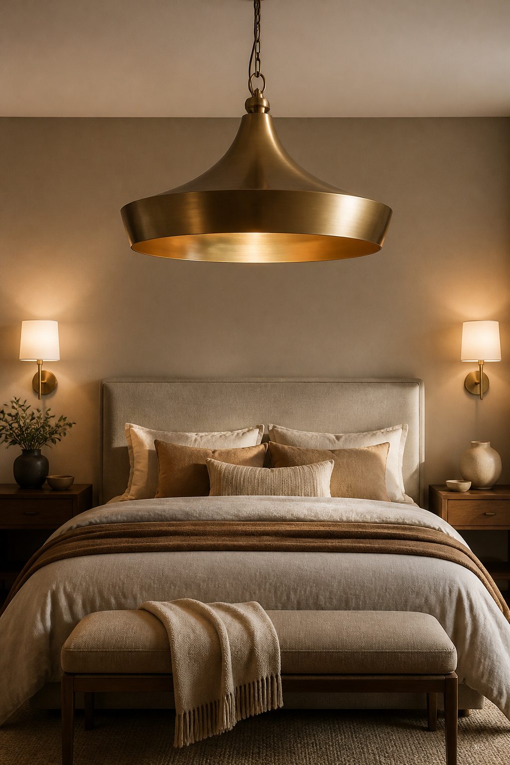 A large pendant light hanging from the ceiling in a bedroom.