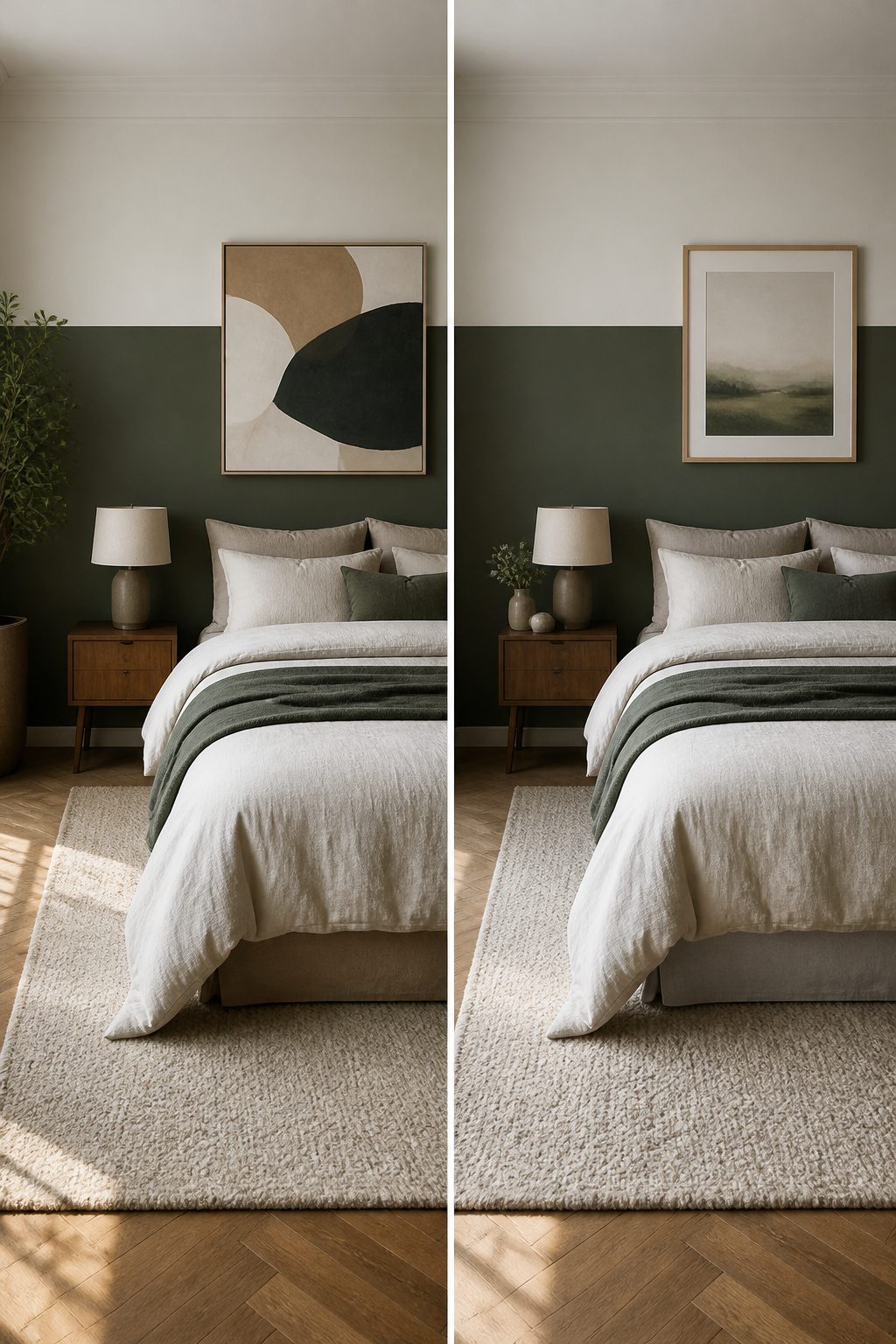 A bedroom wall painted in two contrasting colors.