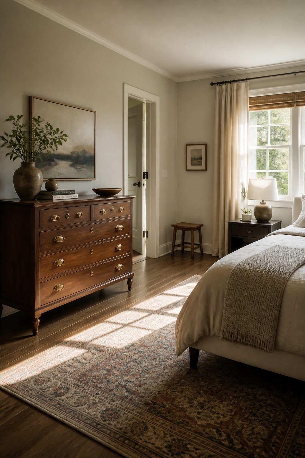 A vintage dresser with dovetailed joints and brass hardware.