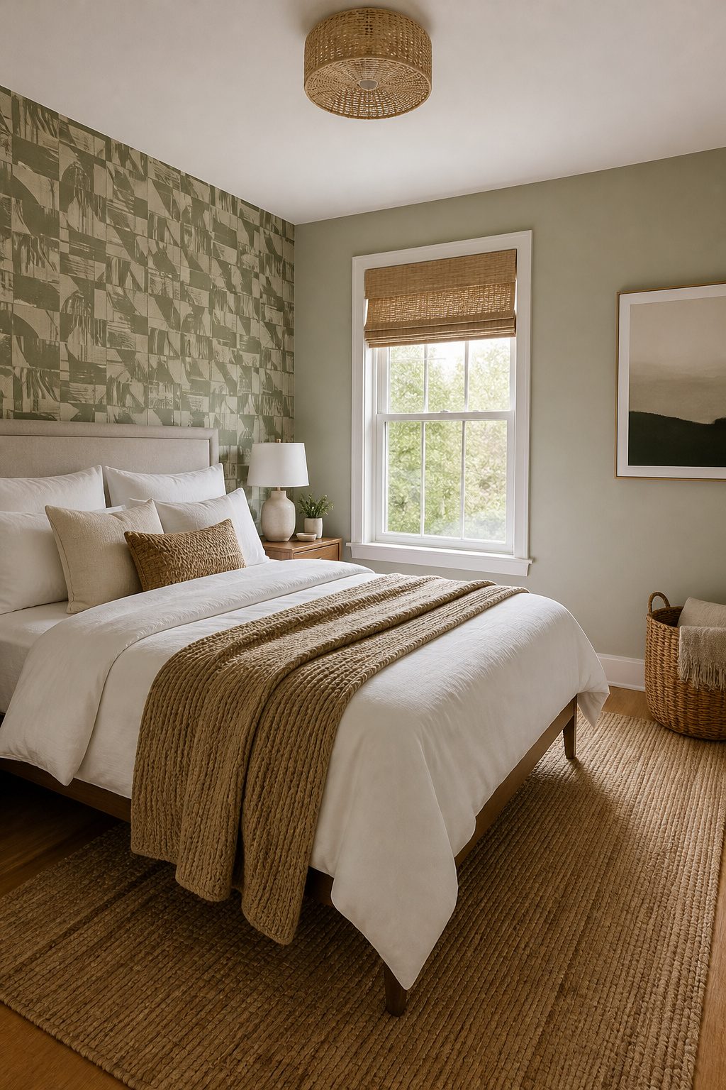An accent wall featuring geometric peel-and-stick wallpaper.