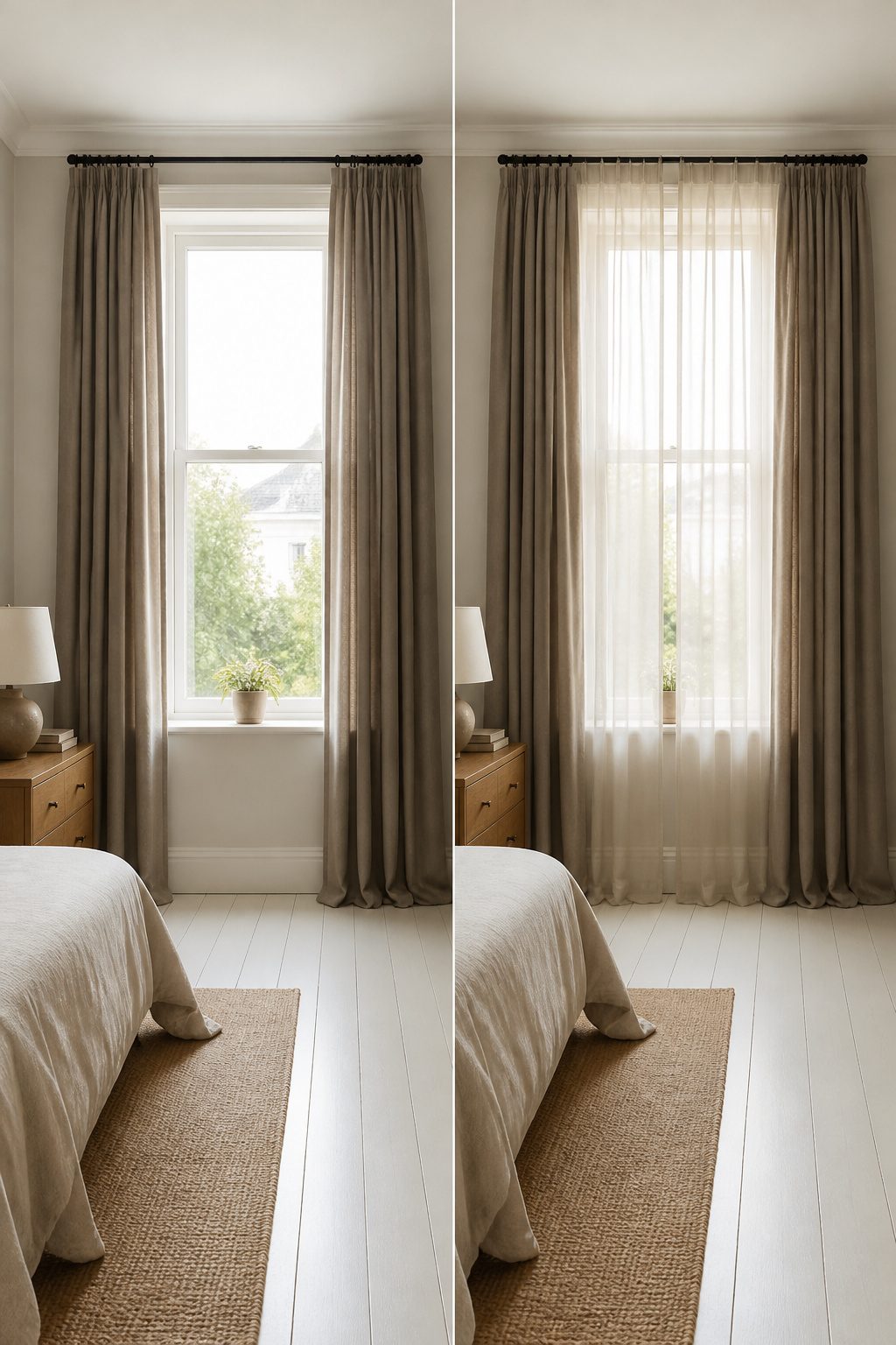 Blackout curtains hung from ceiling to floor in a bedroom.