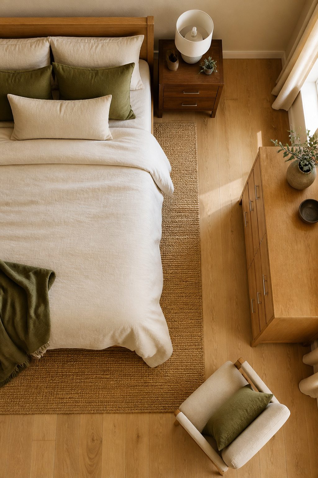 A bedroom showcasing various wood tones in furniture and decor.