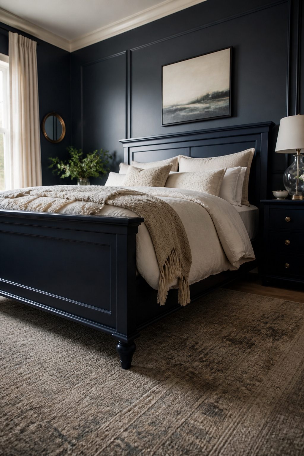 A dark navy bed frame paired with lighter walls in a small bedroom.
