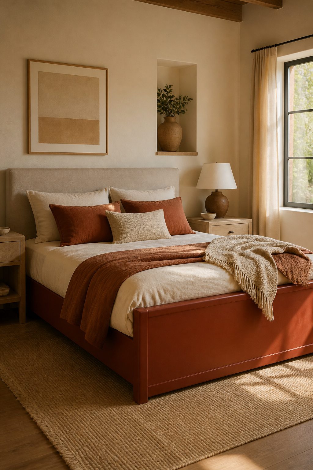 A bedroom featuring a rust-colored bed frame and light ash nightstands.