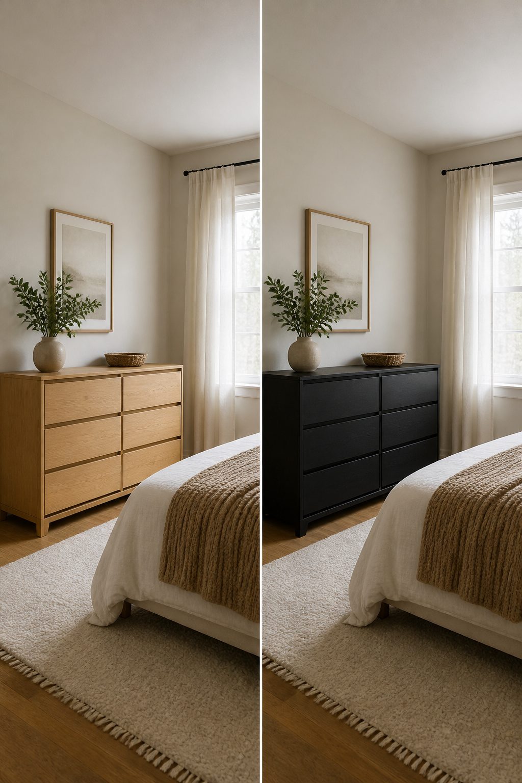 A small bedroom with light-colored furniture and bright decor.