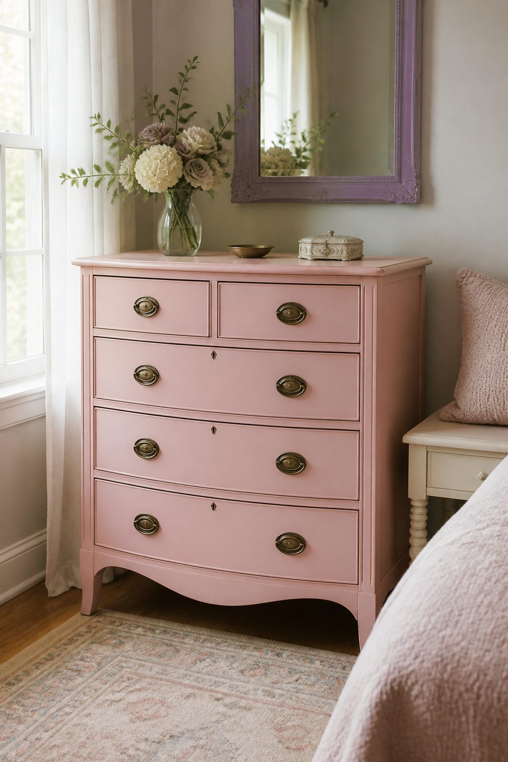 A blush pink dresser with brass pulls in a softly decorated bedroom.
