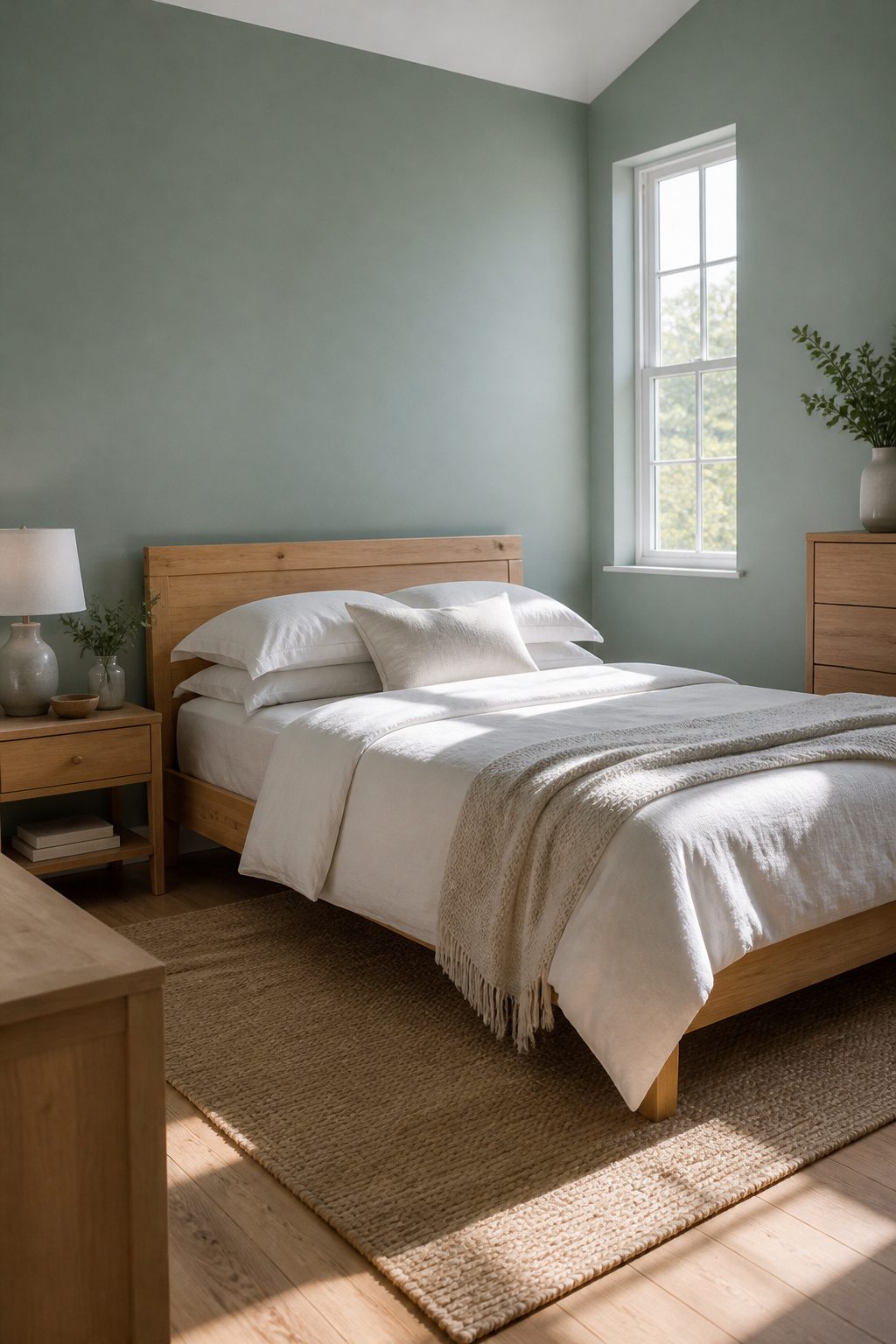 A bed frame in natural pine with soft blue walls and white linens.