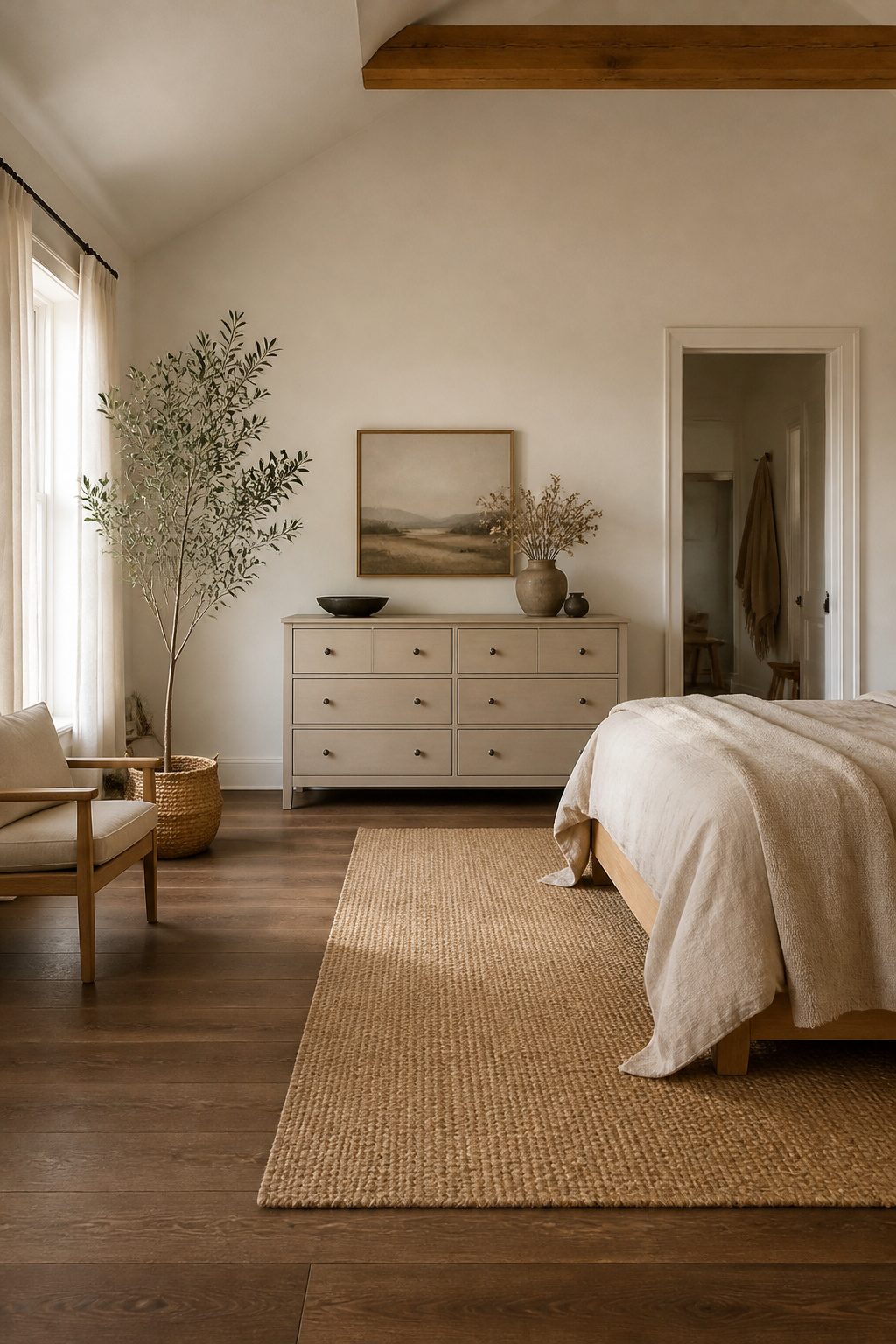 A bedroom with furniture in warm beige tones and light bedding.