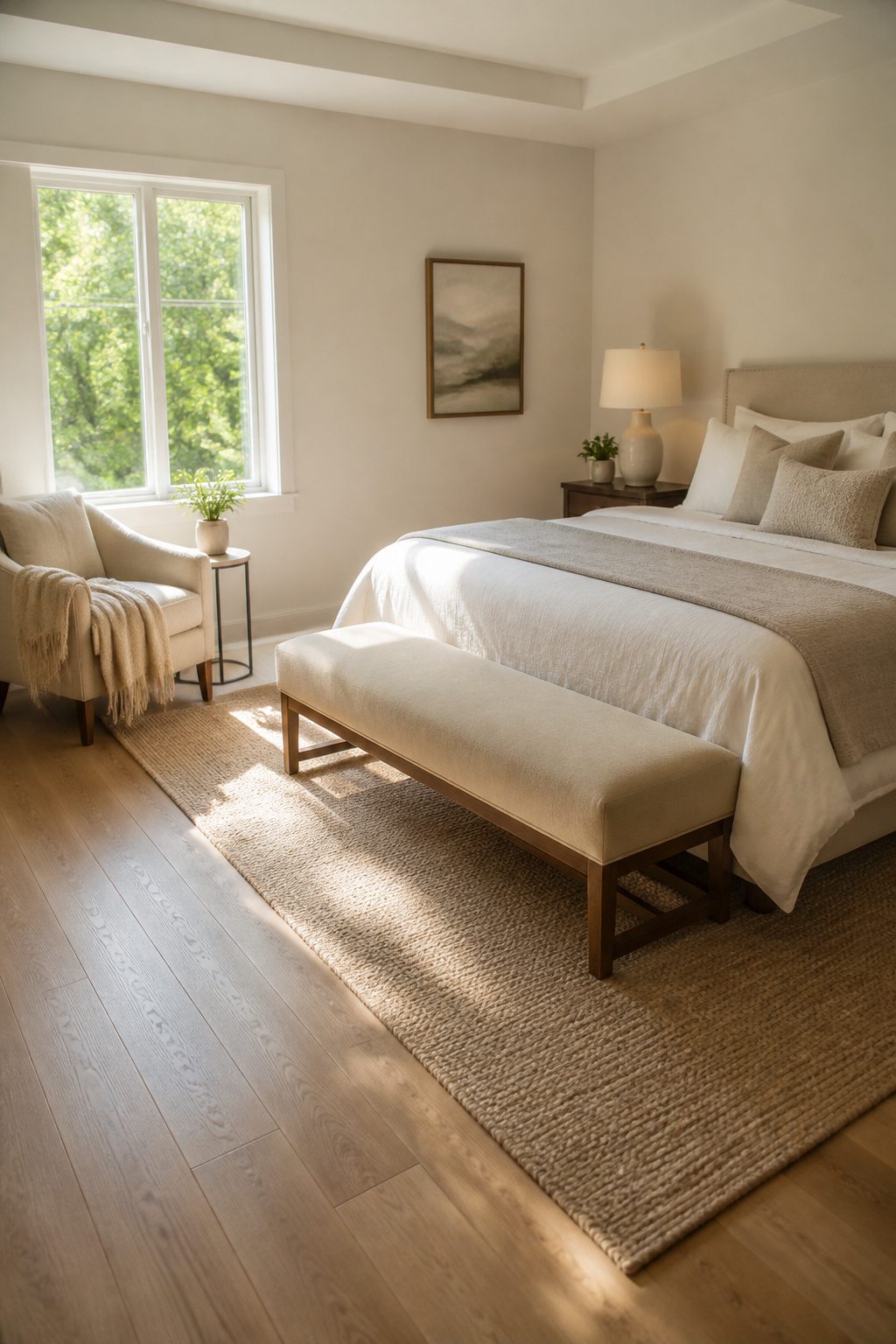 A bench placed at the foot of a bed in a bedroom.