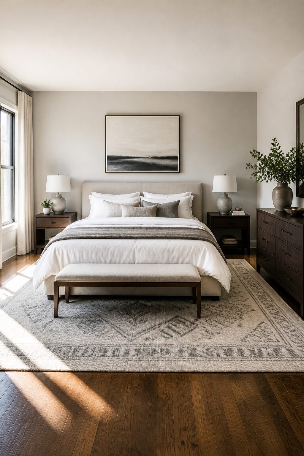 A plush area rug under a bed in a well-decorated bedroom.