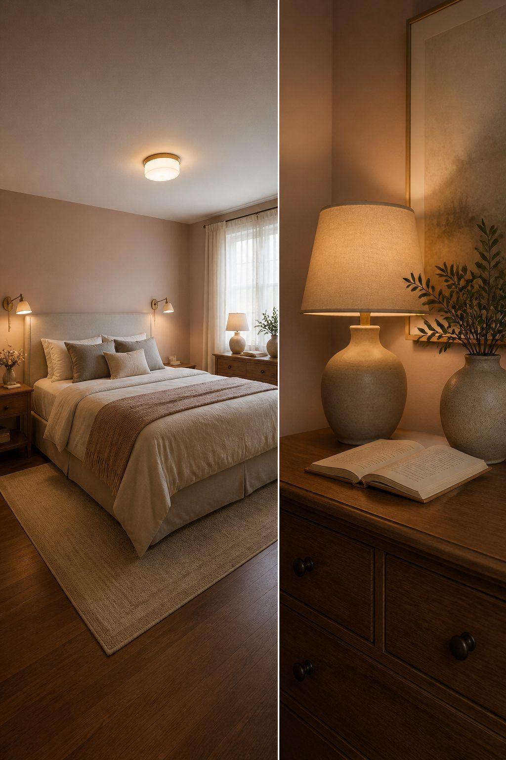 A bedroom showcasing various light sources for ambiance.