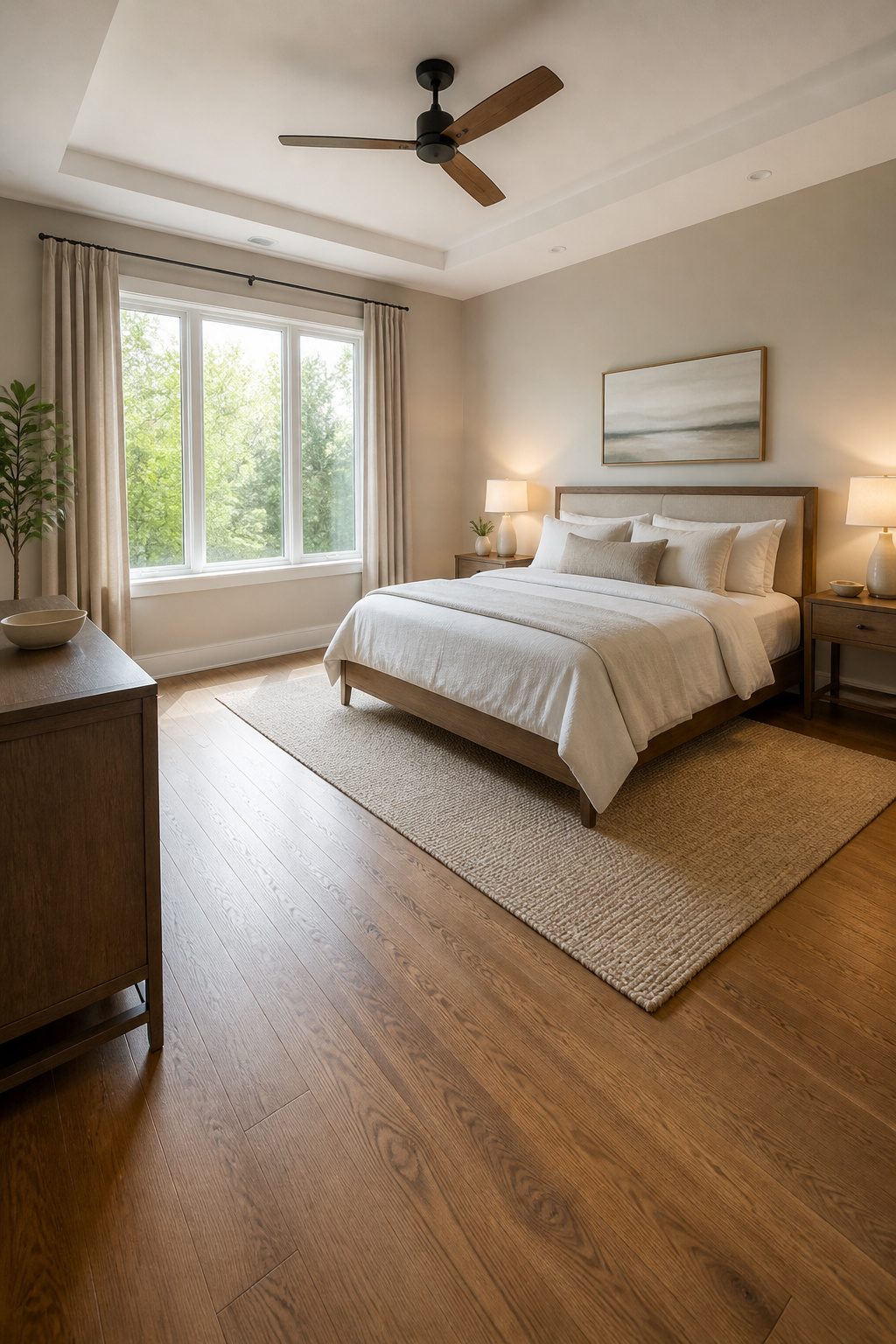 A bedroom with clear walking paths around furniture.