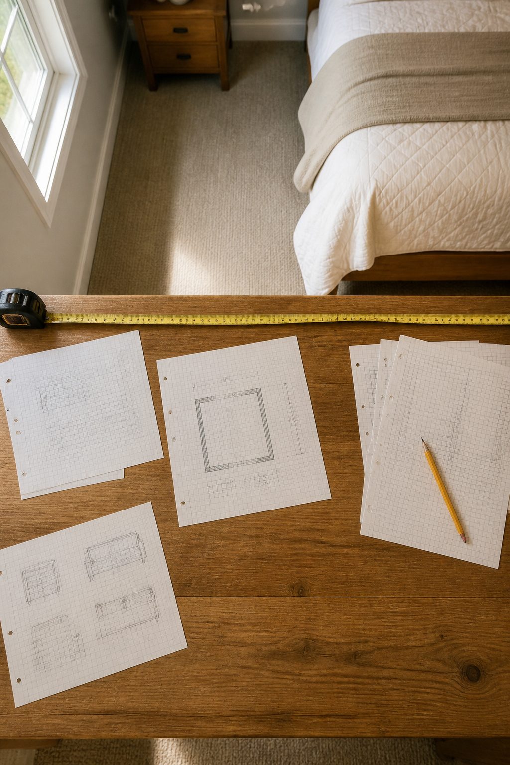 A tape measure and graph paper on a surface.