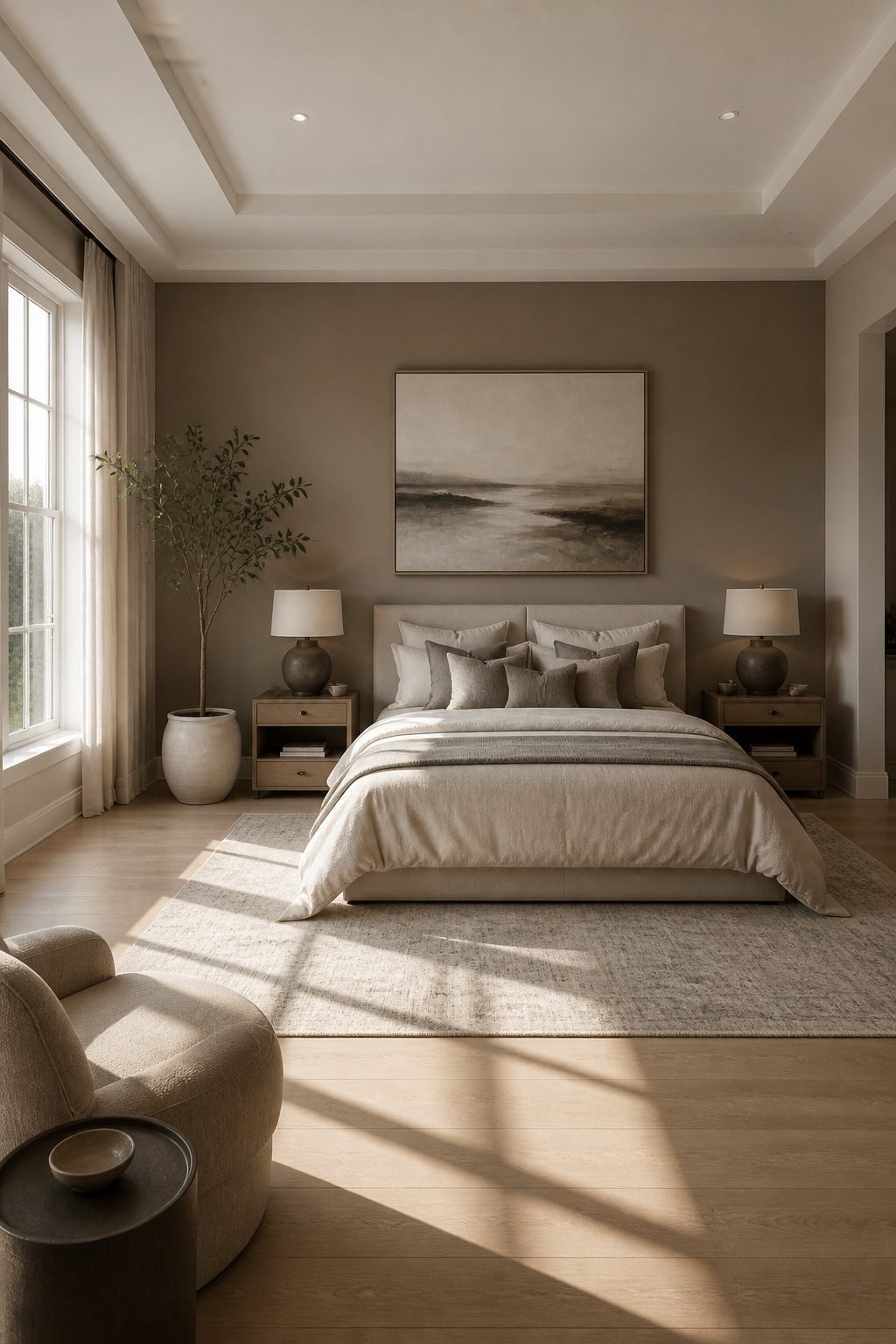 A bed positioned against a long wall in a bedroom.