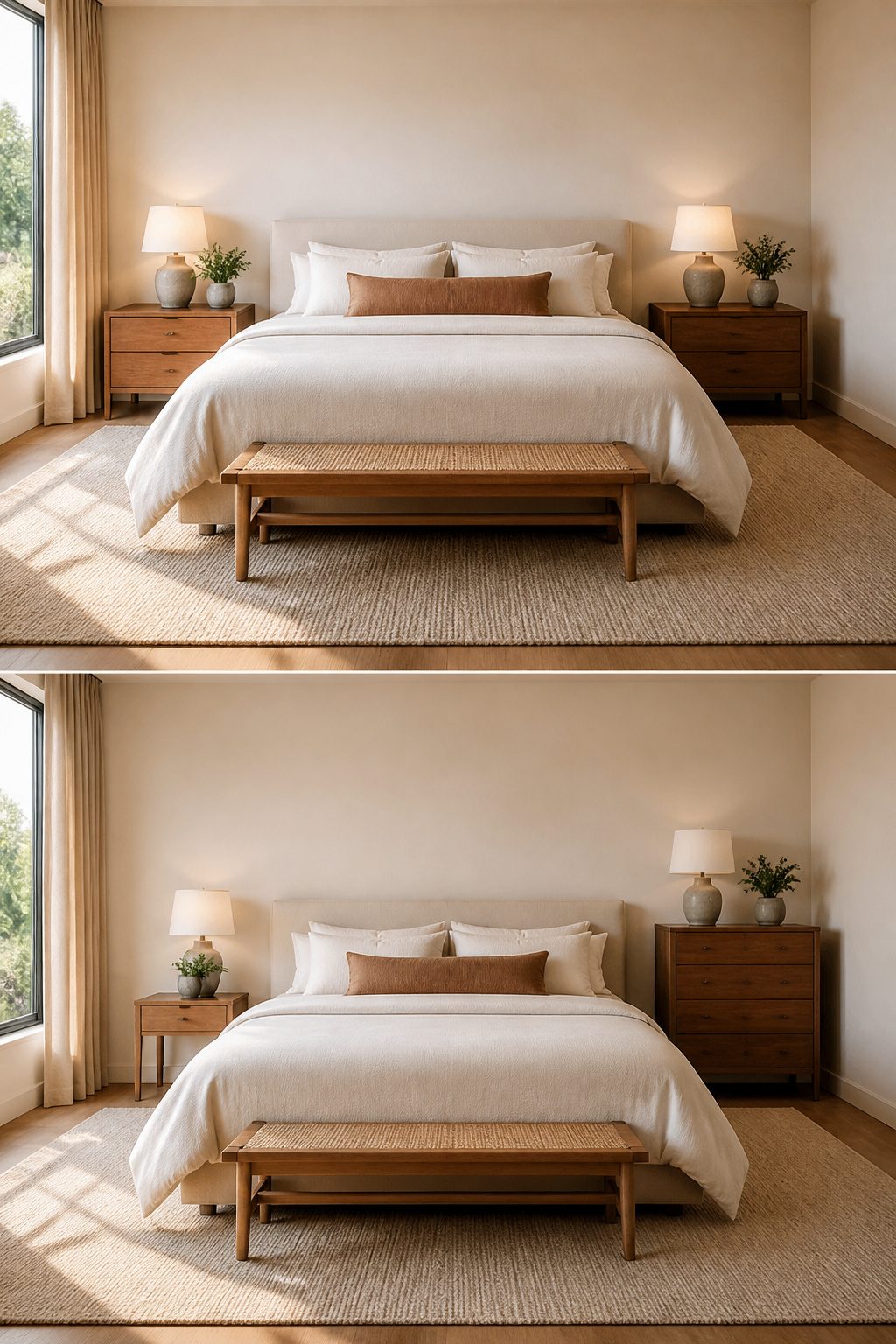 Two nightstands beside a bed, aligned with the mattress.