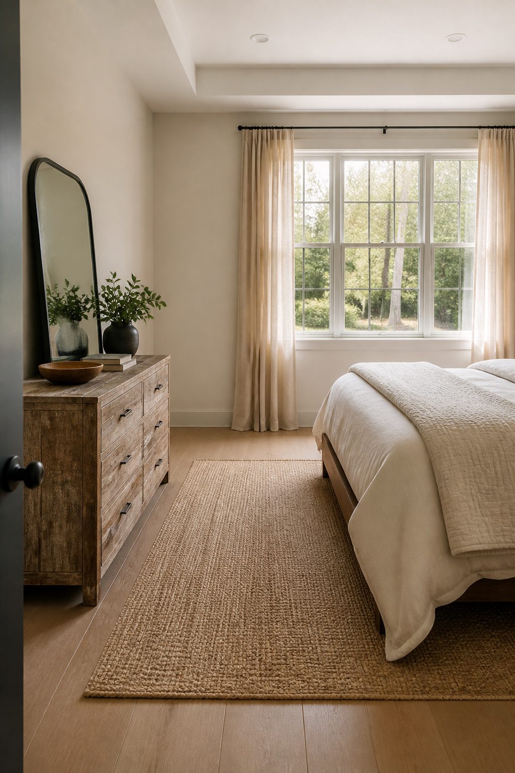 A low dresser positioned directly across from the bed.