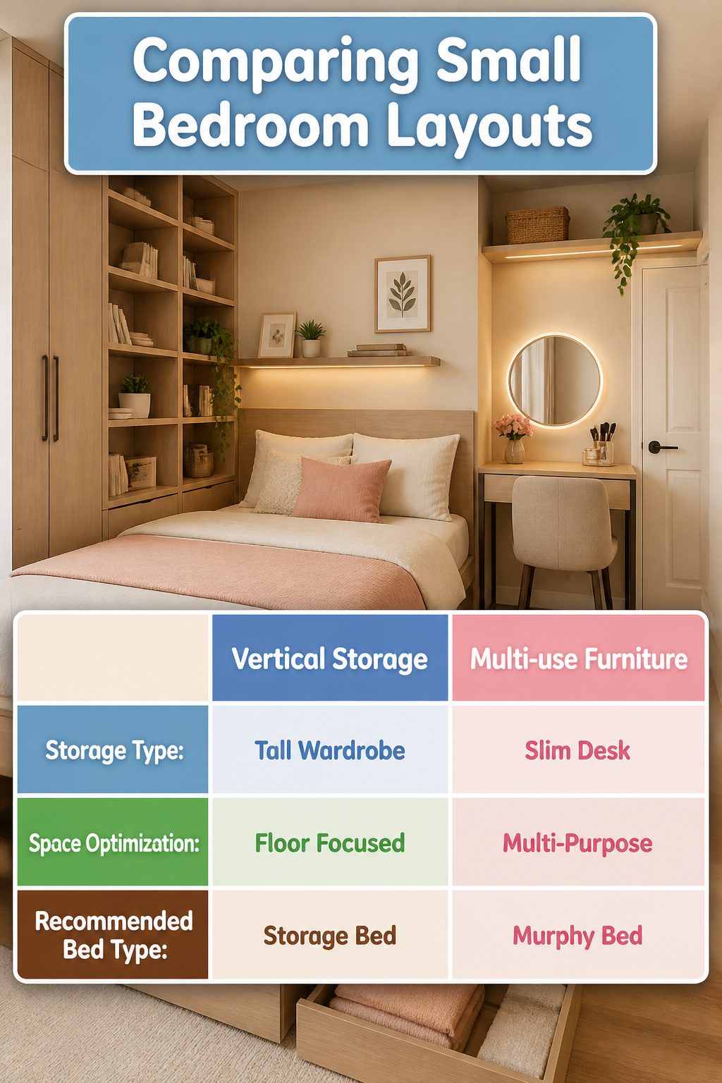 Tall storage units and multi-use furniture in a small bedroom.
