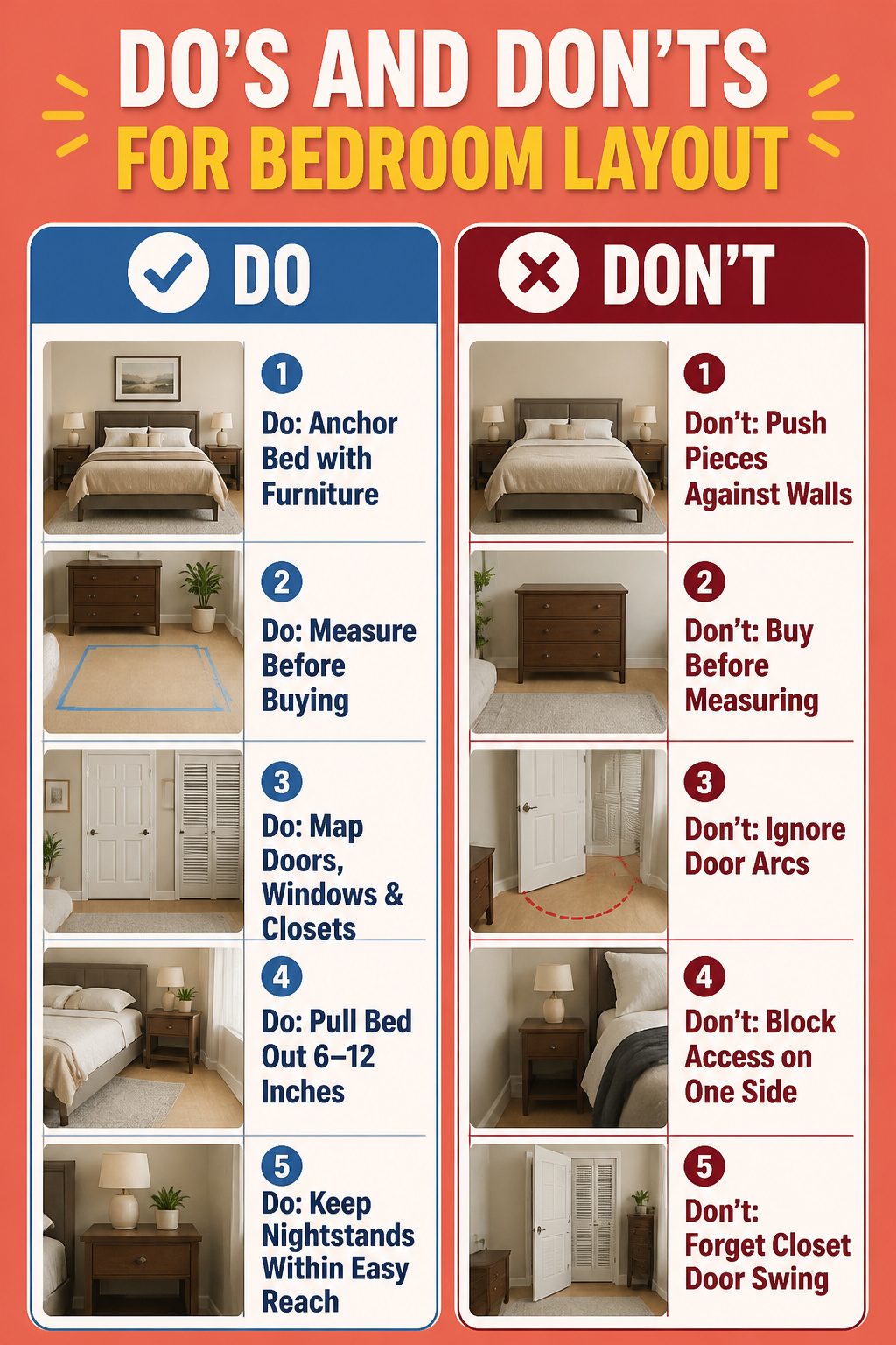 Illustration of bedroom layout do's and don'ts.