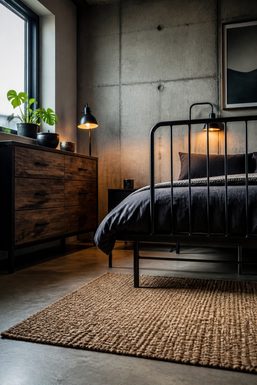 A bedroom featuring a metal bed frame and concrete accent wall.