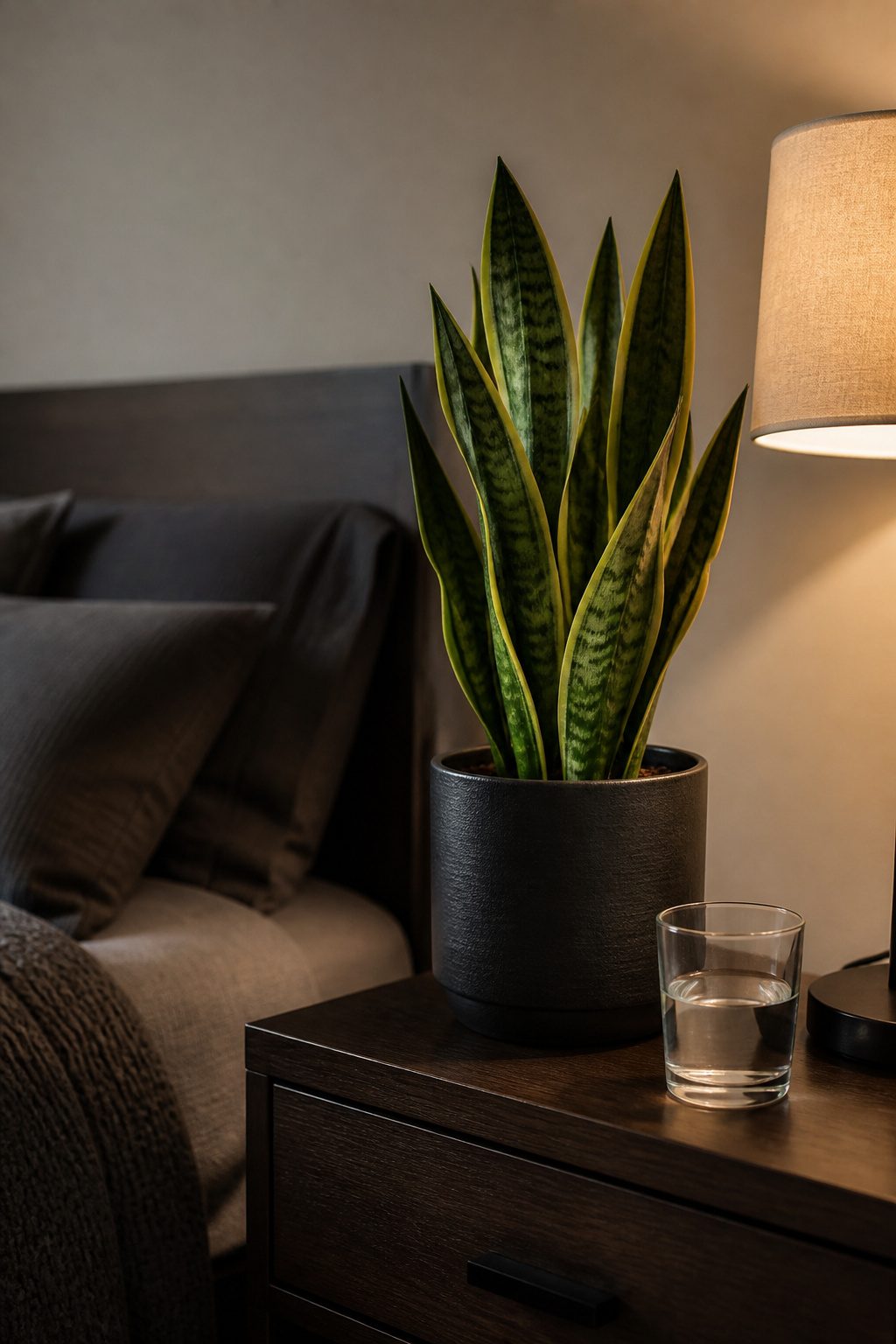 A sansevieria plant placed on a nightstand in a bedroom.
