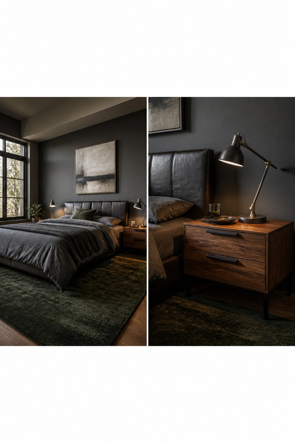 A bedroom showcasing a leather headboard and wooden dresser.
