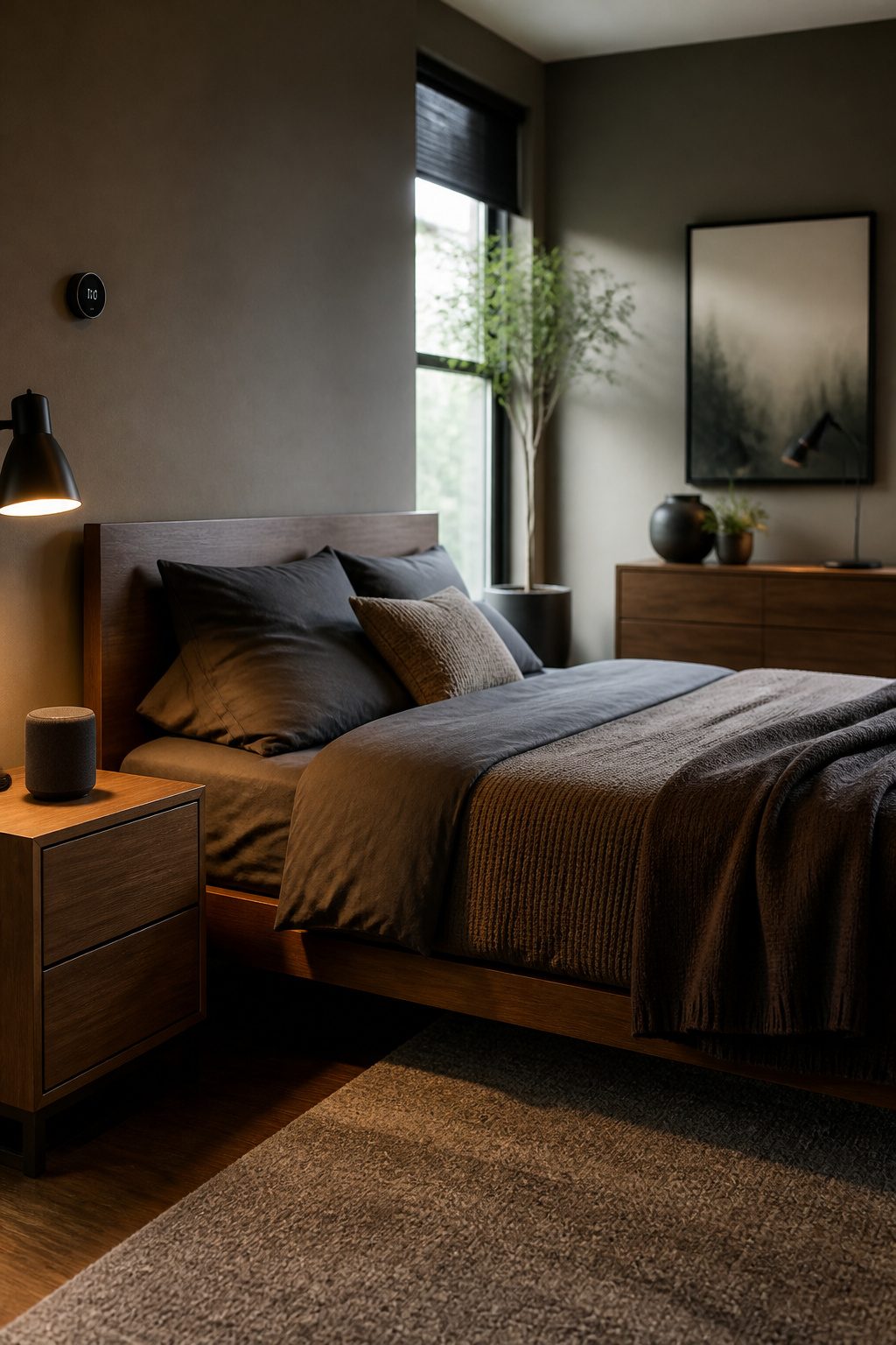 A minimalist nightstand with a smart speaker in a bedroom.