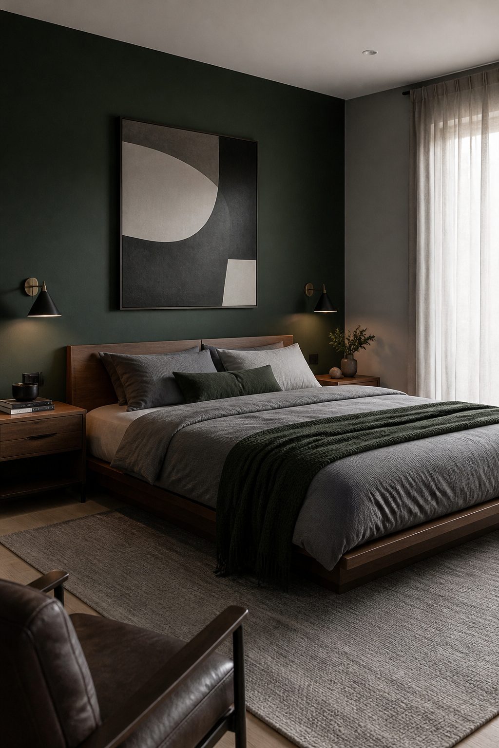 A bedroom with a forest green accent wall and gray decor.