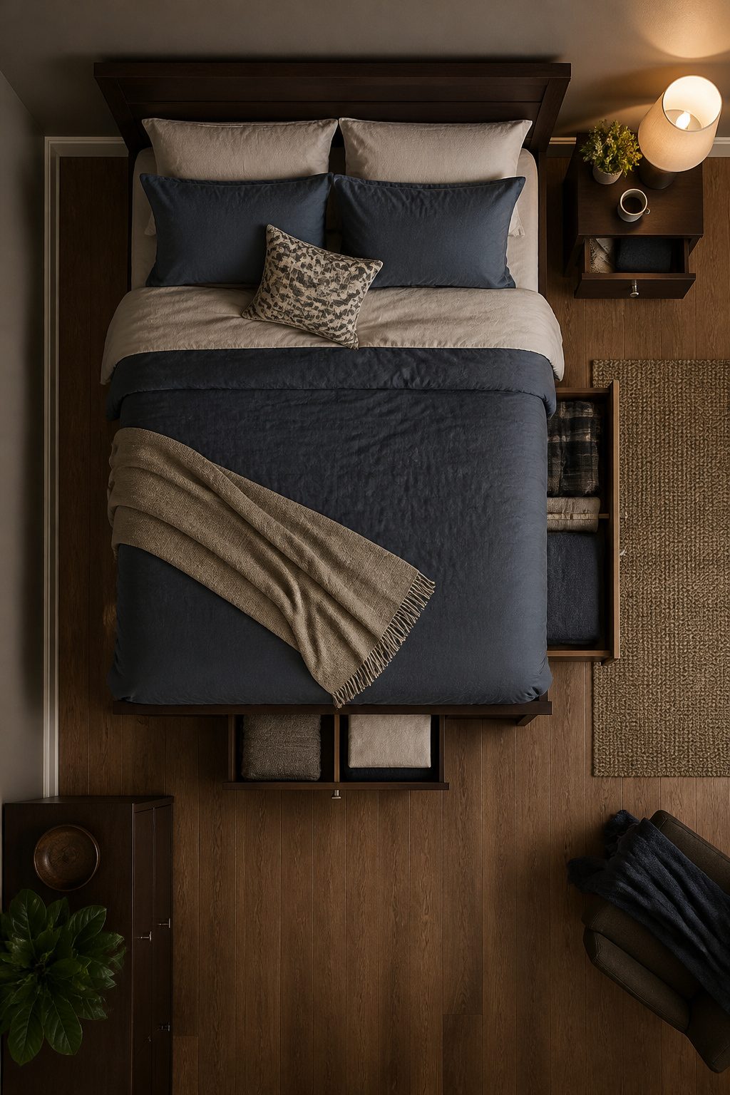 A bed frame with drawers integrated into the design.