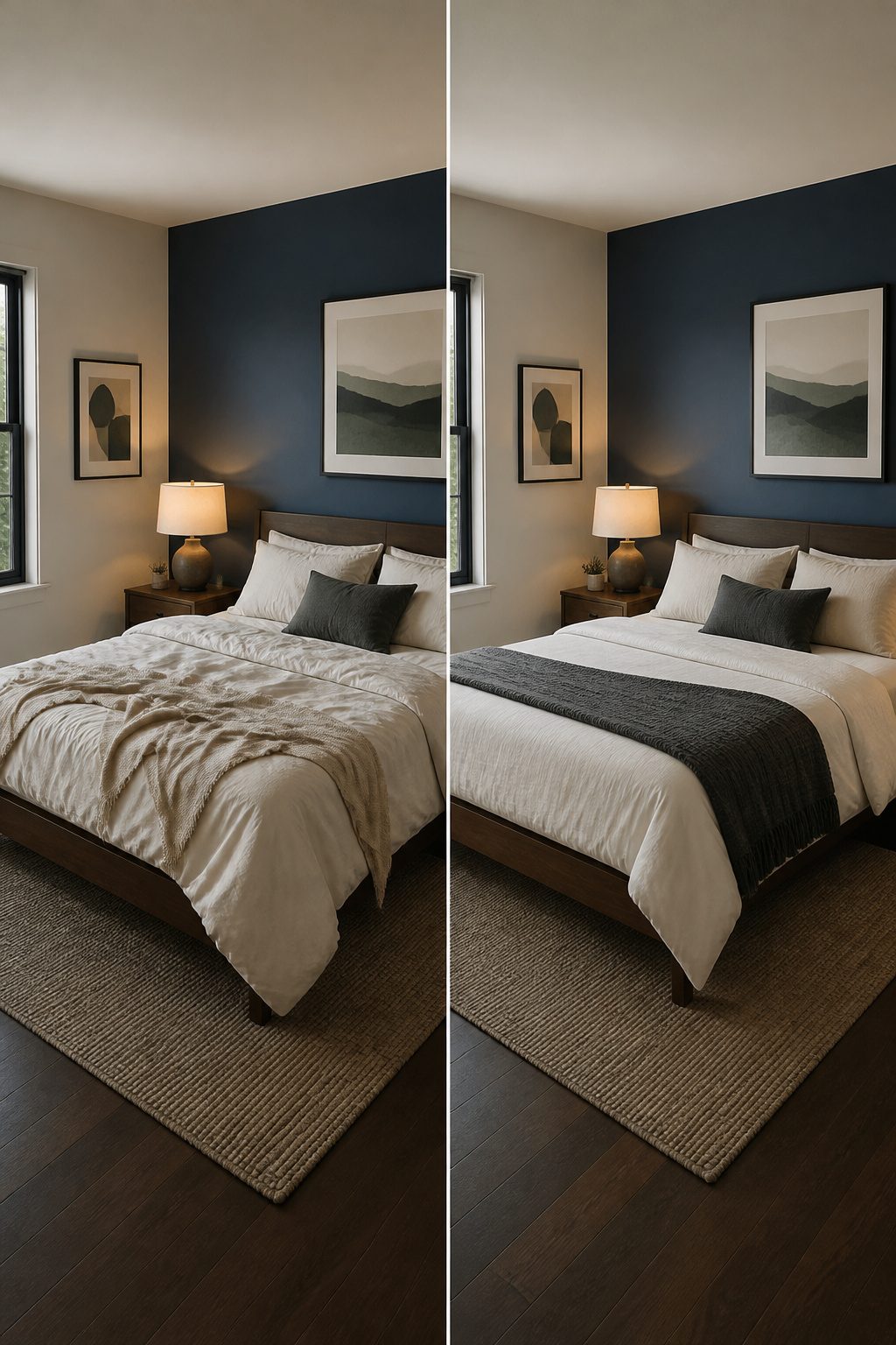 A bedroom with navy blue walls and warm wood accents.