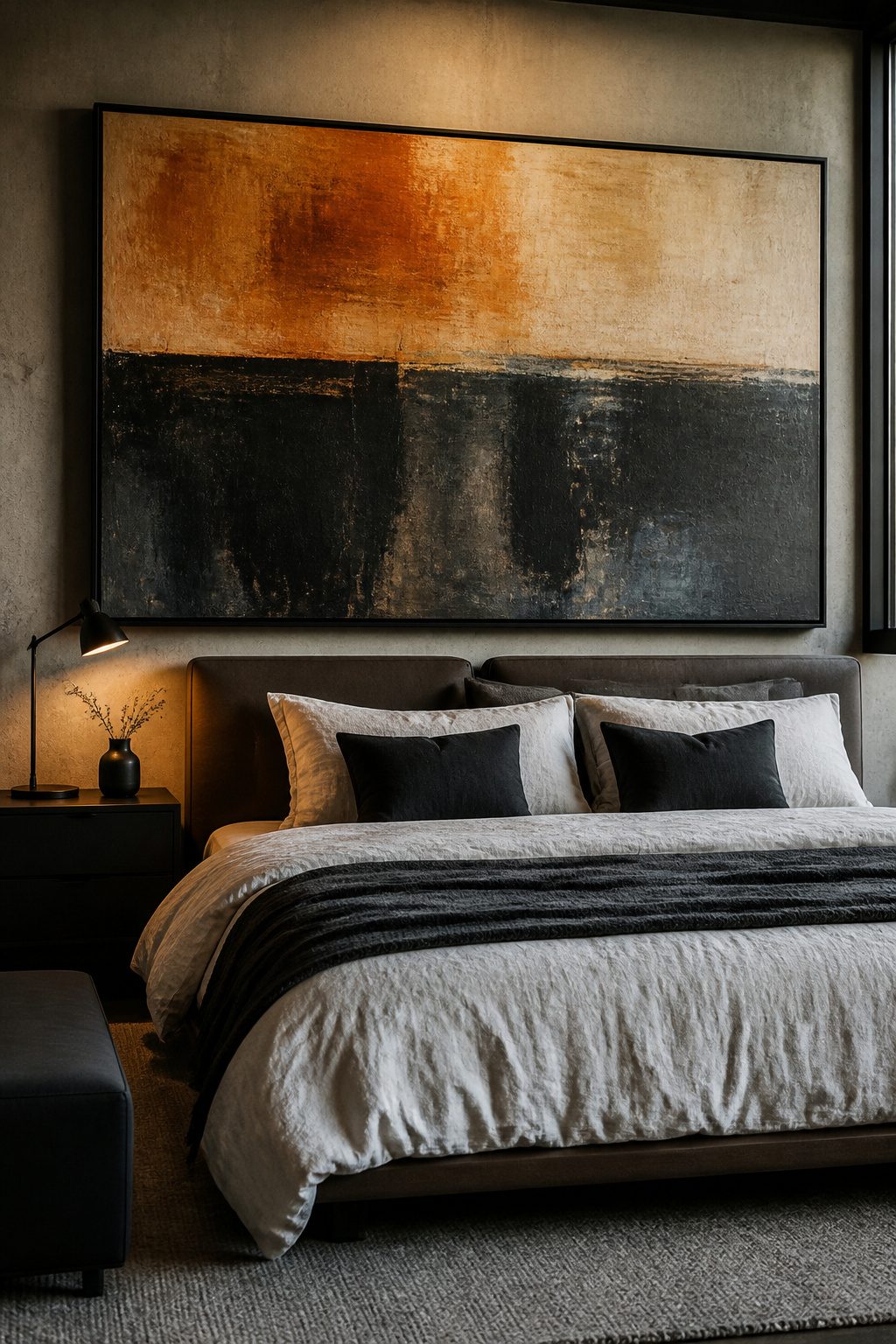 A large piece of artwork hung above the bed in a bedroom.
