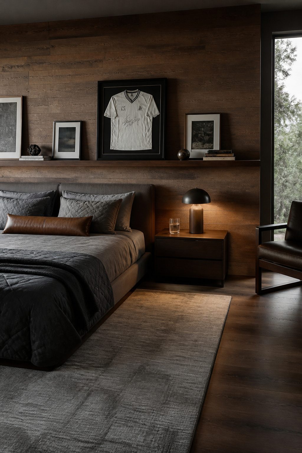 A framed signed jersey showcased on a bedroom wall.