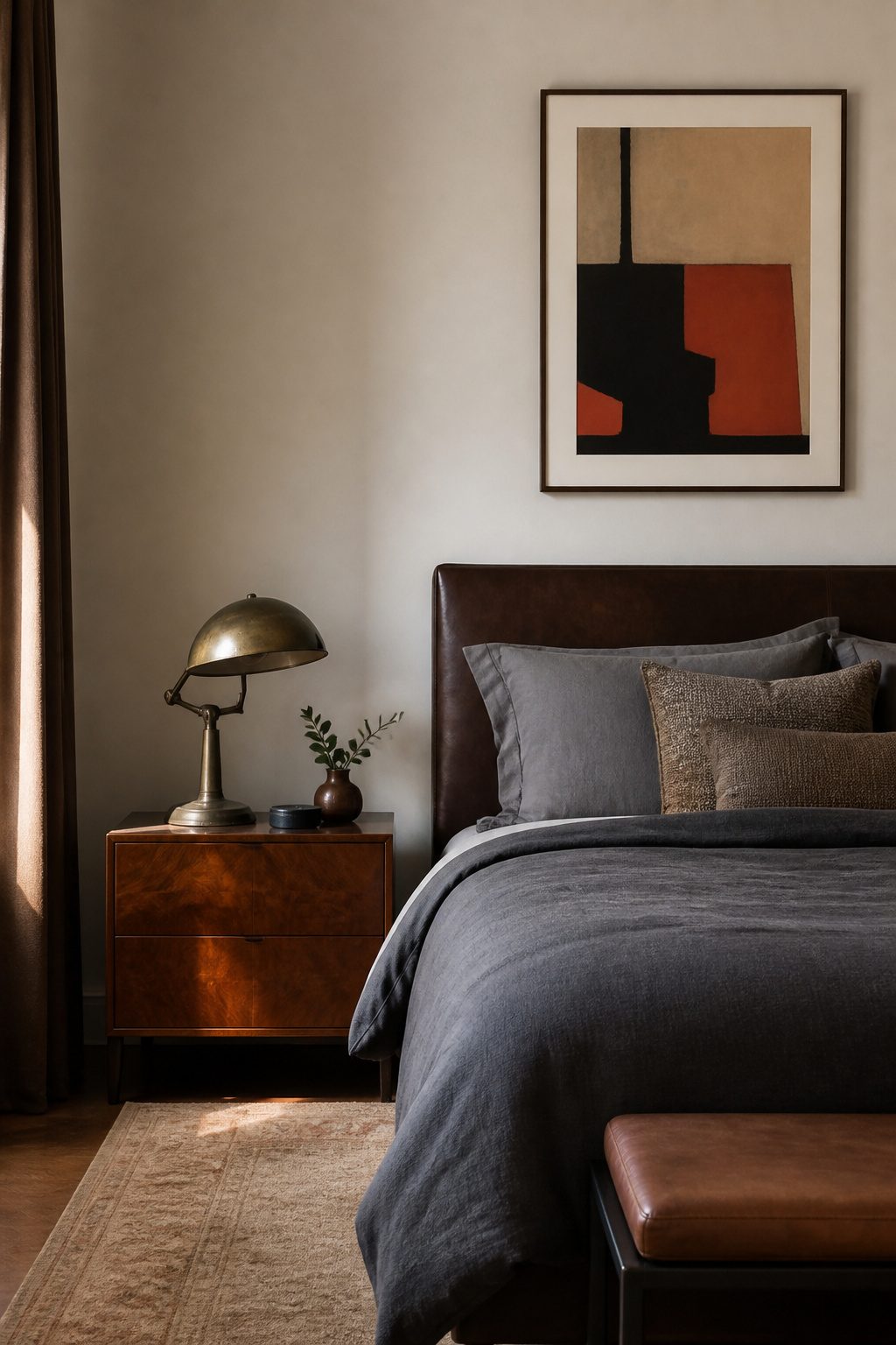 A mid-century vintage lamp on a nightstand in a bedroom.