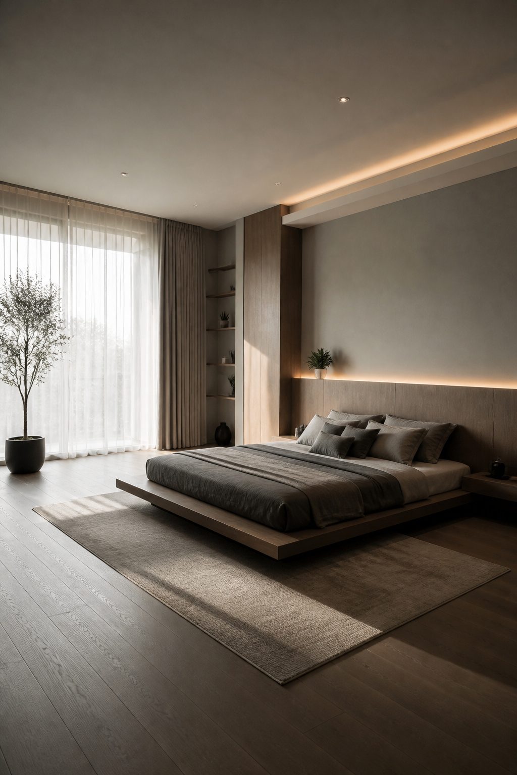 A low-profile bed and built-in shelves in a modern bedroom.