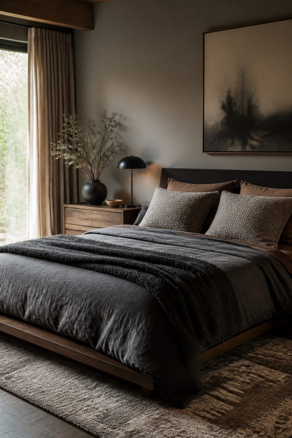 A bed with a heavy cotton duvet and a charcoal mohair throw.