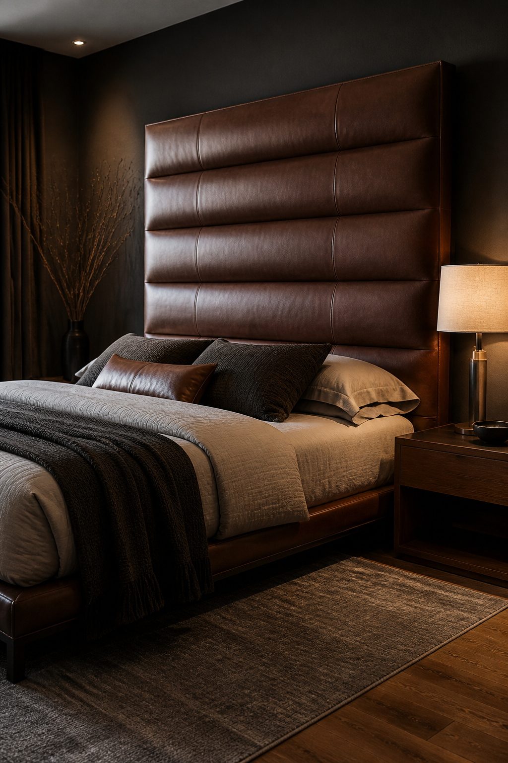 A platform bed with a tall, bold headboard in a bedroom.