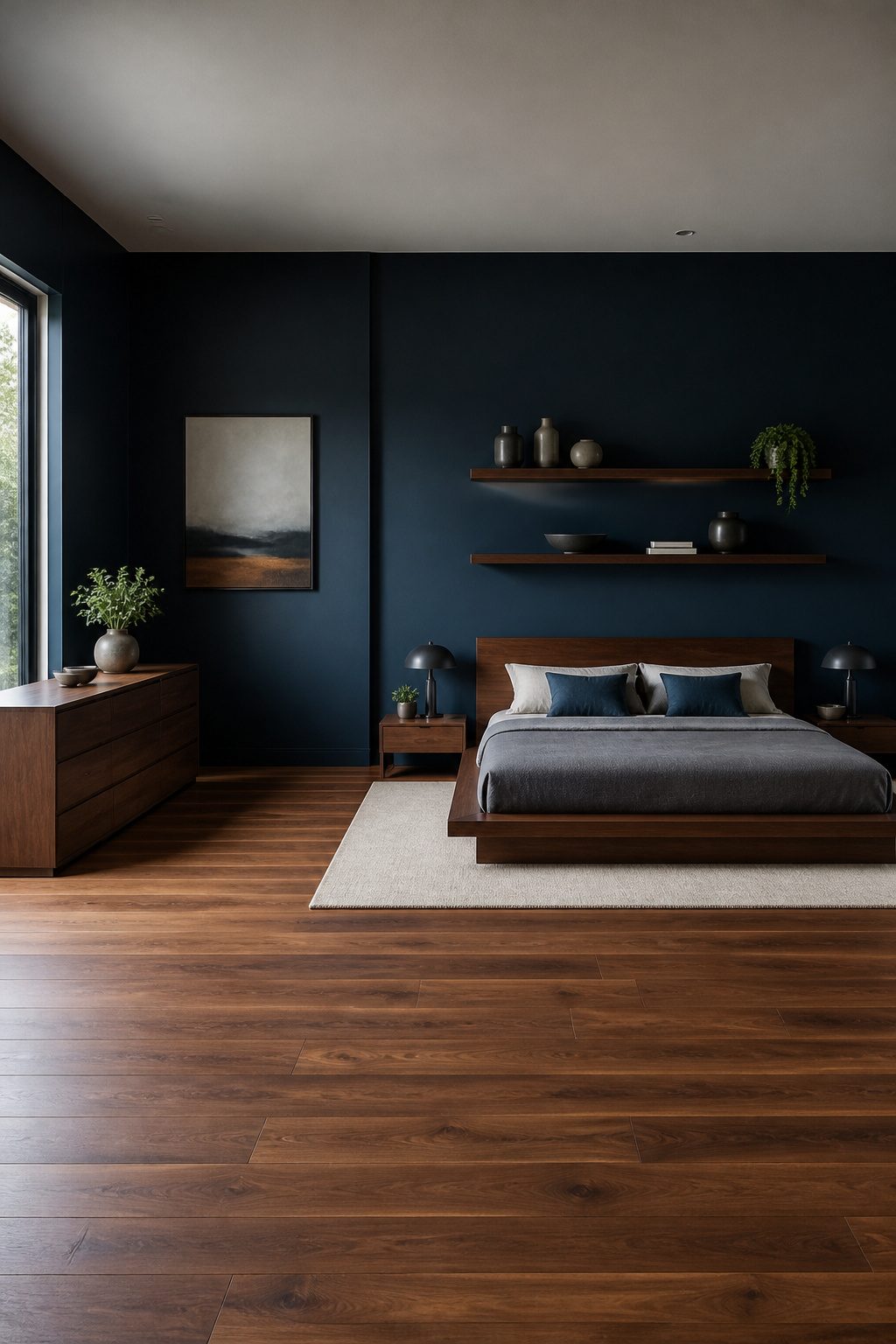 A platform bed with a simple design and a walnut finish.