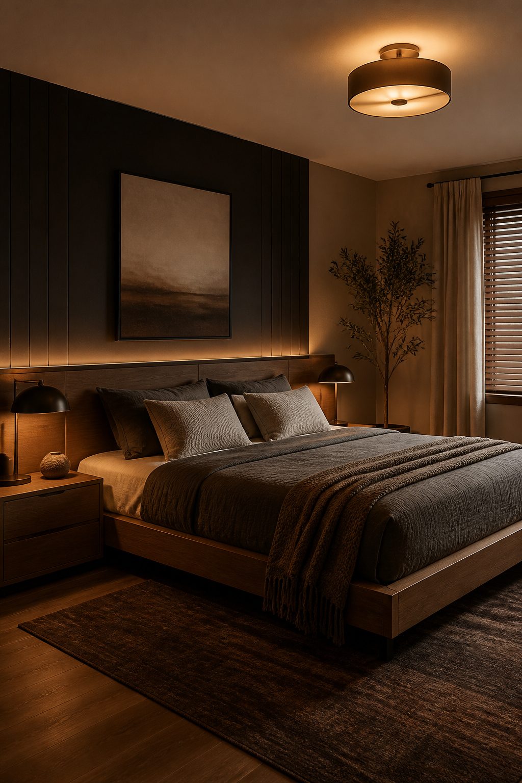 A bedroom with warm lighting from lamps and LED strips.